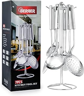 Berger Stainless Steel Kitchen Tools 7-Piece Set, Silver, Multifunctional Stainless Steel Kitchenware with Holder Stand