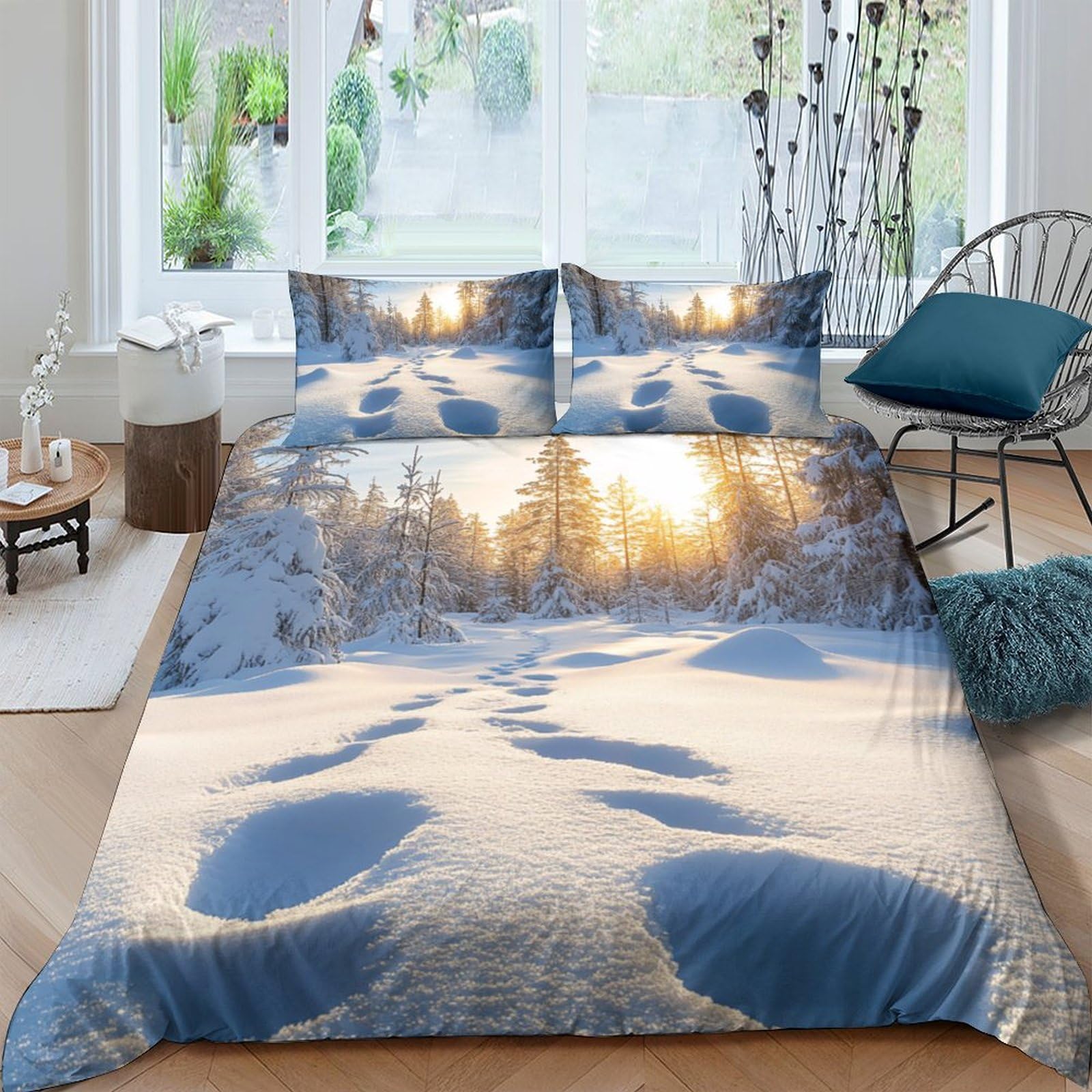 Ctjqhvkz Style-9 3D Printed Winter Snow Landscape Fitted Sheet Microfiber Soft Mattress Cover Sunrise Forest Bedroom Decor Single（135X200cm）