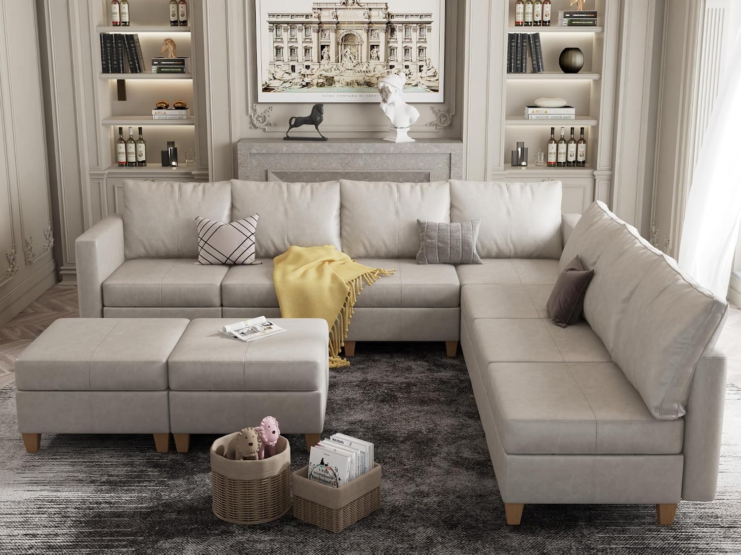 EASE MOOSE Modular Sectional Couch with Storage, Faux Leather Sectional Modular Sofa Sectional Sofa for Living Room Whitesand