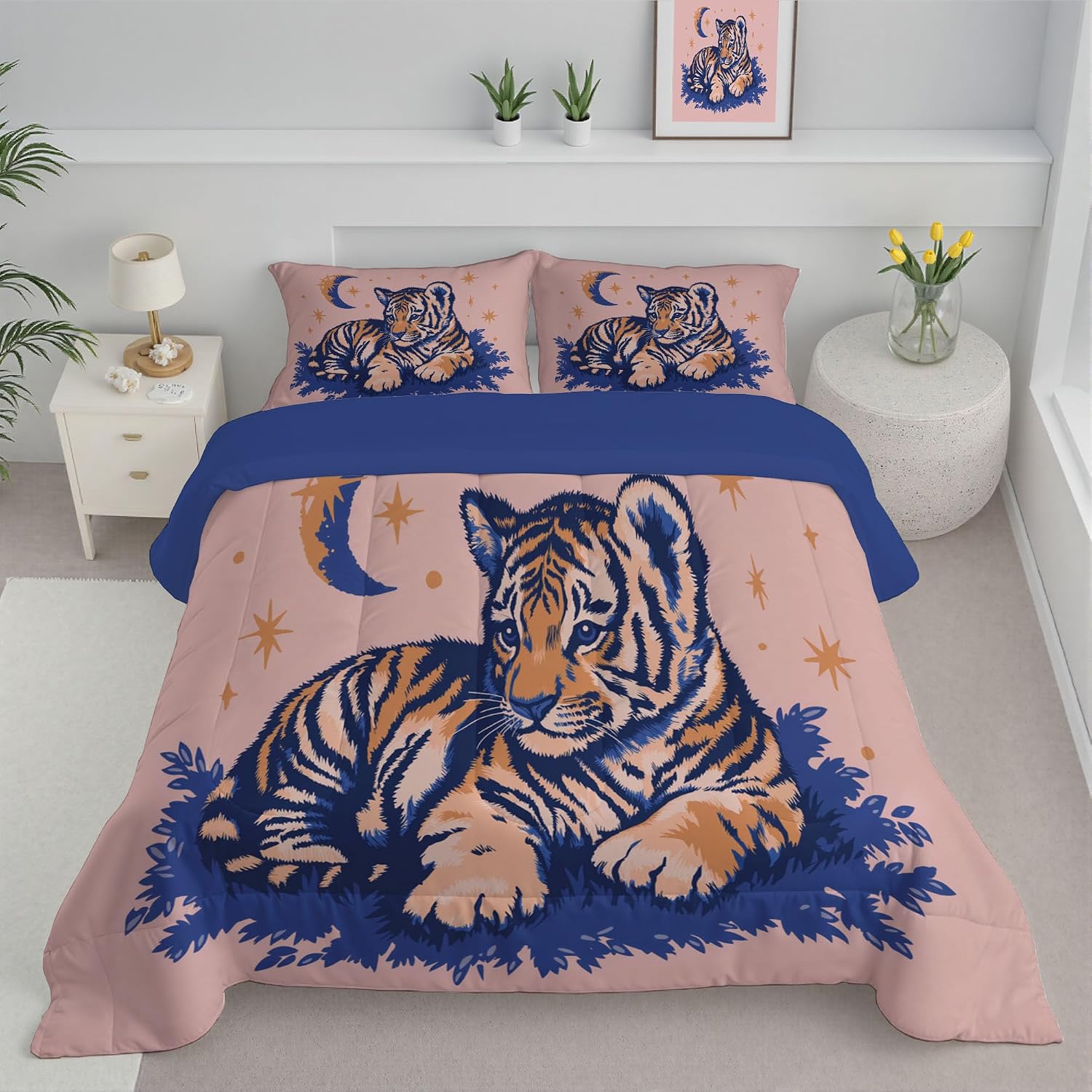 80" x 90" Coverless Duvet 7.5 Tog, Minimalist Moon Animals Print Kids Reversible Washable Coverless Duvets, Pink Super Soft Comfy Kids Duvets, 3 Duvet with 2 Pillowcase