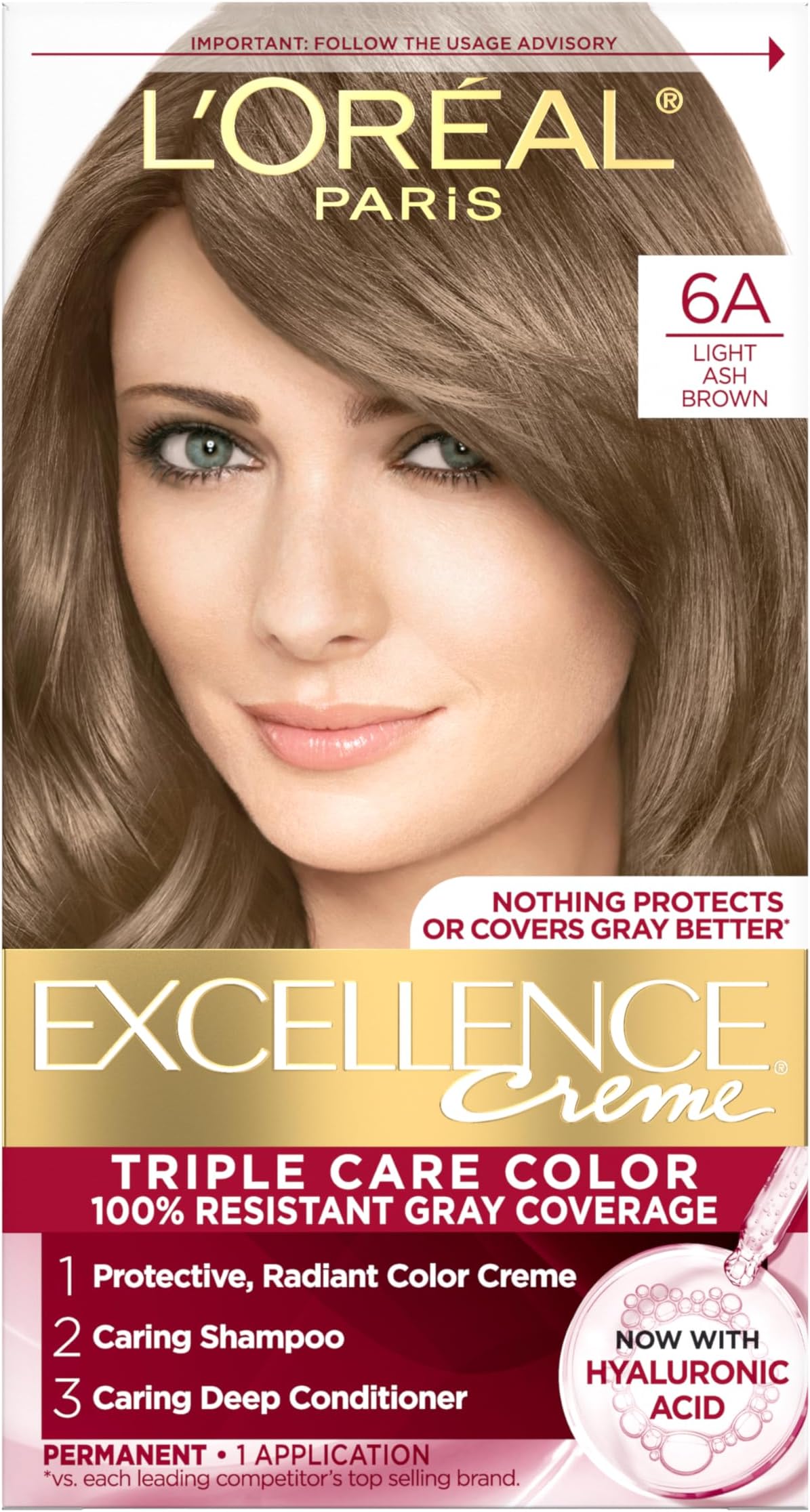 Excellence Crème Permanent Hair Dye, Triple Care Hair Color with Hyaluronic Acid for 100% Gray Coverage, 6A Light Ash Brown, 1 Kit (Packaging May Vary)