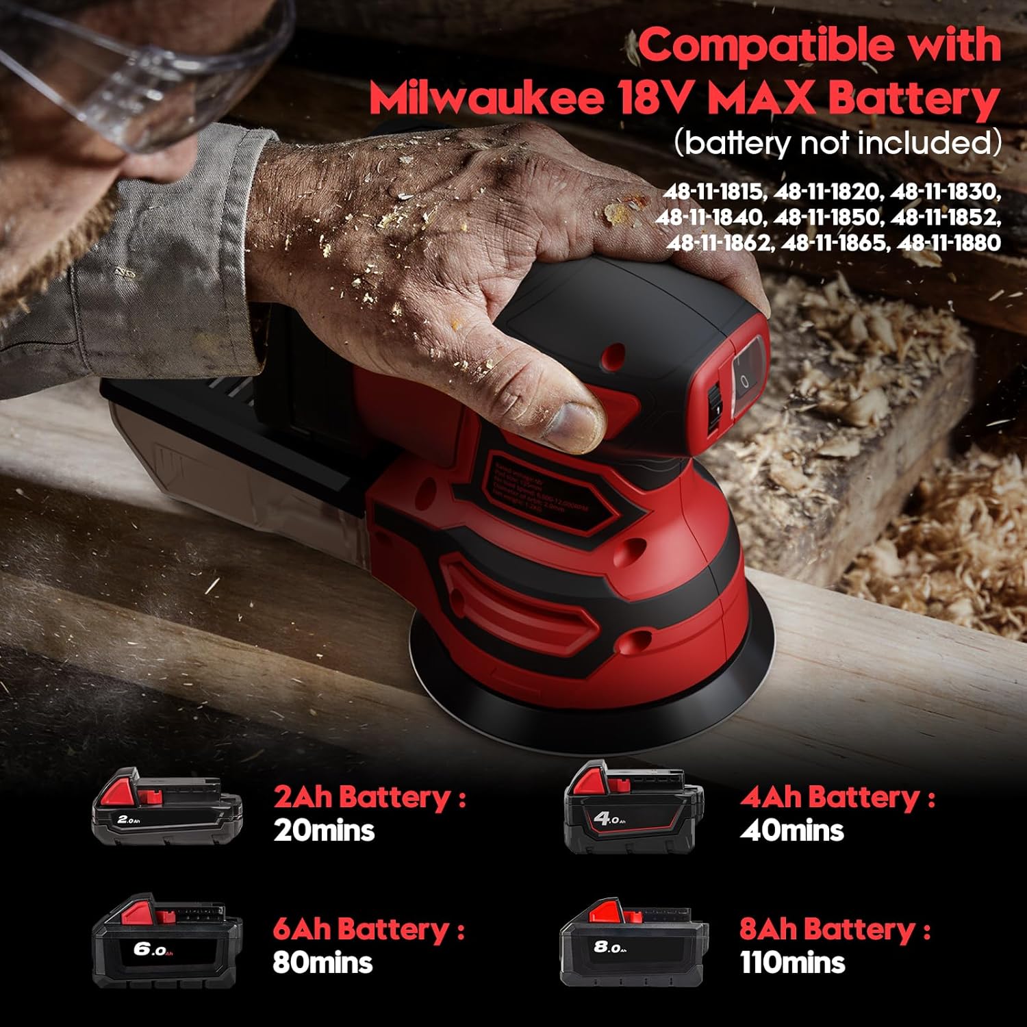 Cordless Random Orbital Sander for Milwaukee 18V Battery, Brushless 6-Speed (6000-12000 OPM), 125mm Pad, Dust Collection & 12pcs Sandpapers (#80/#120/#240) (Battery Not Included) (Red)