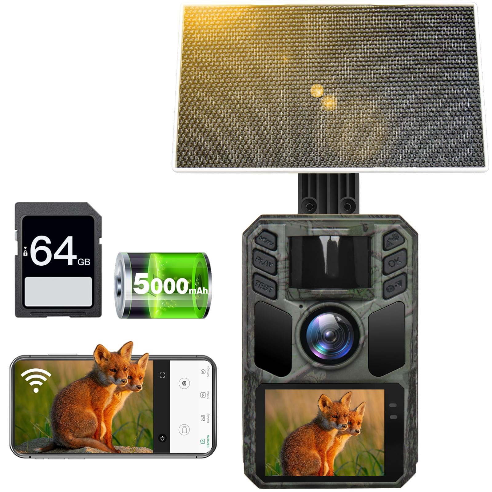 Wildcamera met app voor mobiele telefoon, wifi, 4K HD-video, 64 MP