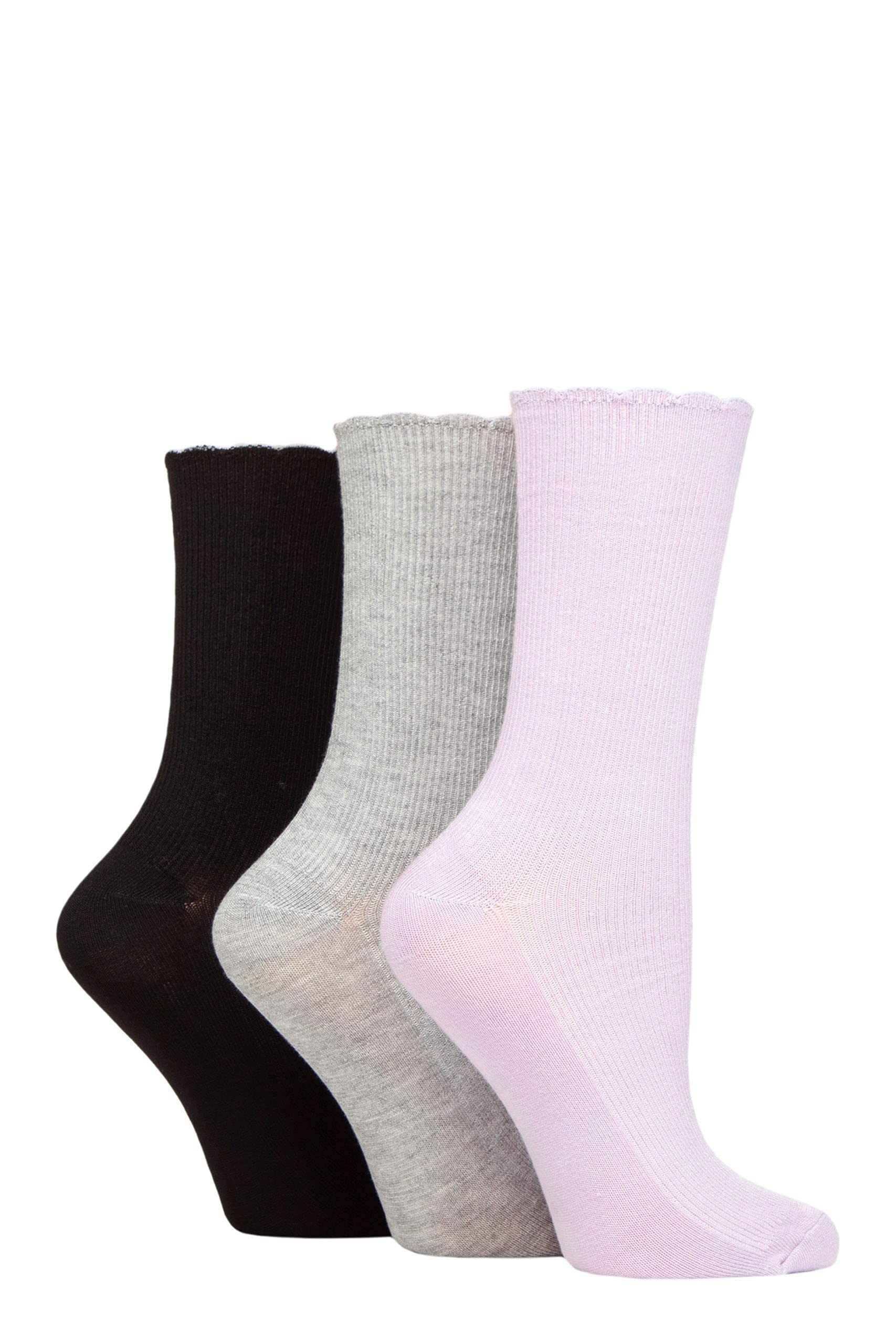 Elle Women's Lilac / Silver / Black Ribbed Bamboo Socks With Scallop Top Pack Of 3 Lilac/Silver/Black 4-8