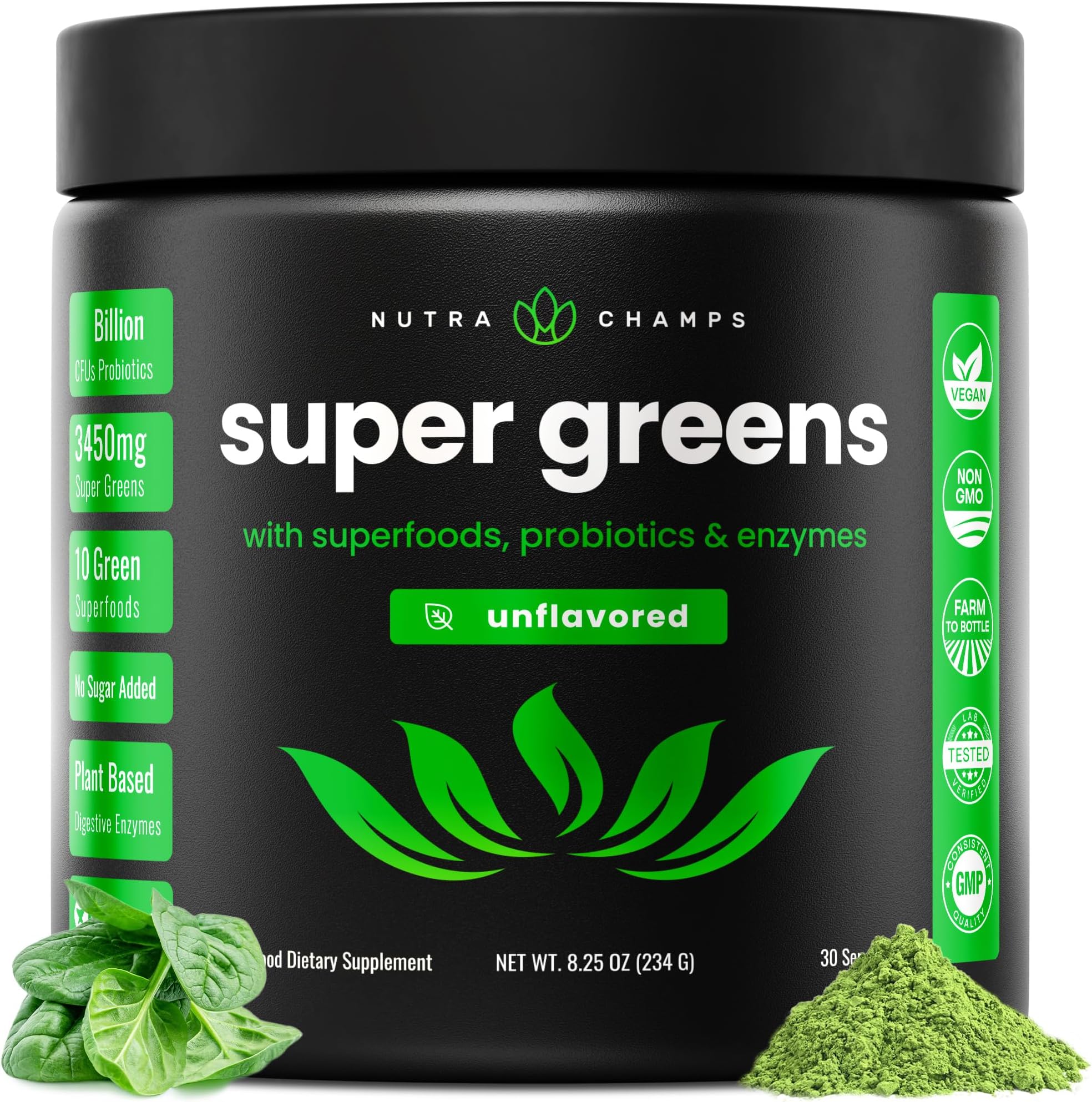 Super Greens Powder Premium Superfood | 20+ Organic Green Veggie Whole Foods | Wheat Grass, Spirulina, Chlorella | Antioxidant, Digestive Enzyme & Probiotic Blends (9.0 Oz, Unflavored)