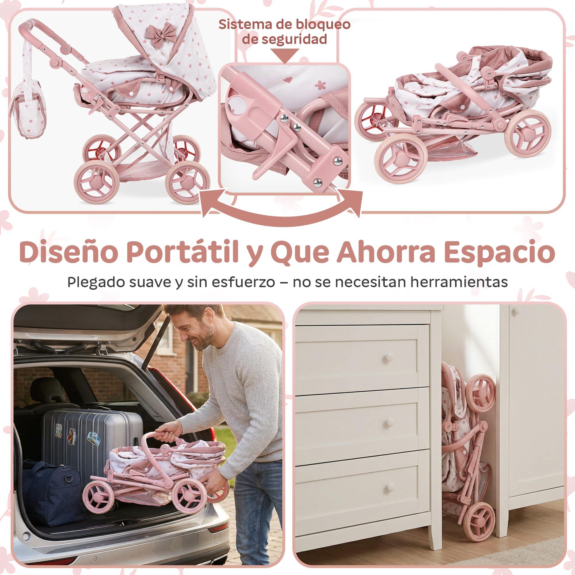 Kinderplay Cochecito de muñecas 3 en 1 Rosa con Bolsa de Transporte – Cochecito de muñeca Ajustable de 36,5 – 64 cm, Plegable, Ruedas de Espuma silenciosas, para muñecas de hasta 40 cm, a Partir de 3