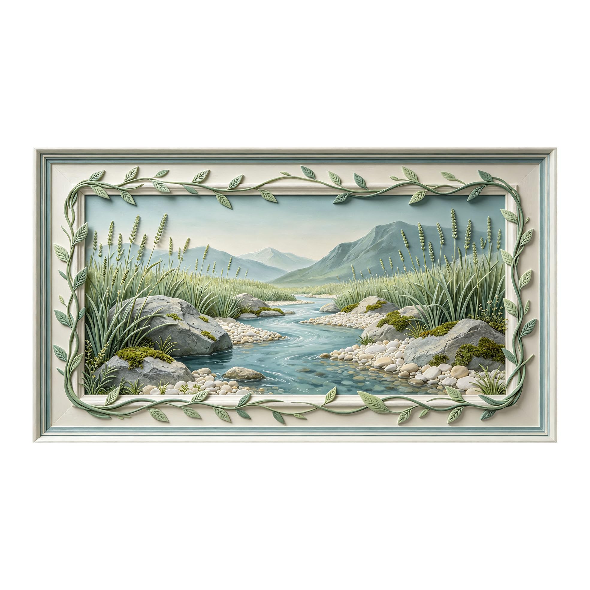 Murasolite 3D Framed Wall Art Mountain Stream Landscape Oil Painting SelfAdhesive Fabric Mural Wall Decor， Peel and Stick No Damage to Wall， AntiFall Safe Design for Bedroom Living Room