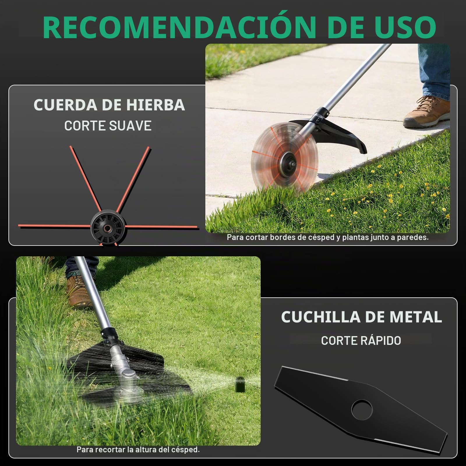 Desbrozadora con batería 7 en 1 con 2 baterías de 4 Ah, 1380 W, desbrozadora sin escobillas, batería con 7 cuchillas y correa para el hombro, 18800 rpm desbrozadora eléctrica para jardín, césped y