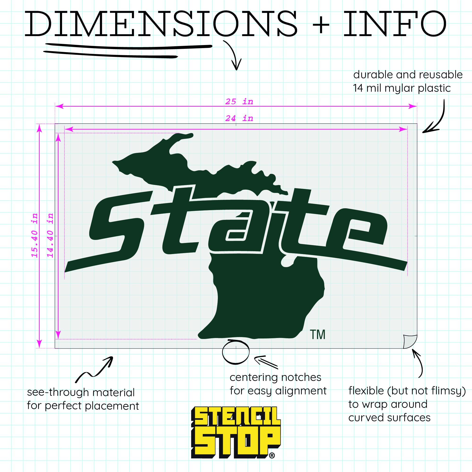 Michigan + State Text Szablon - oficjalnie licencjonowany projekt do majsterkowania, Cornhole, trawników, ścian - 14 mil plastik mylarowy (61 cm)
