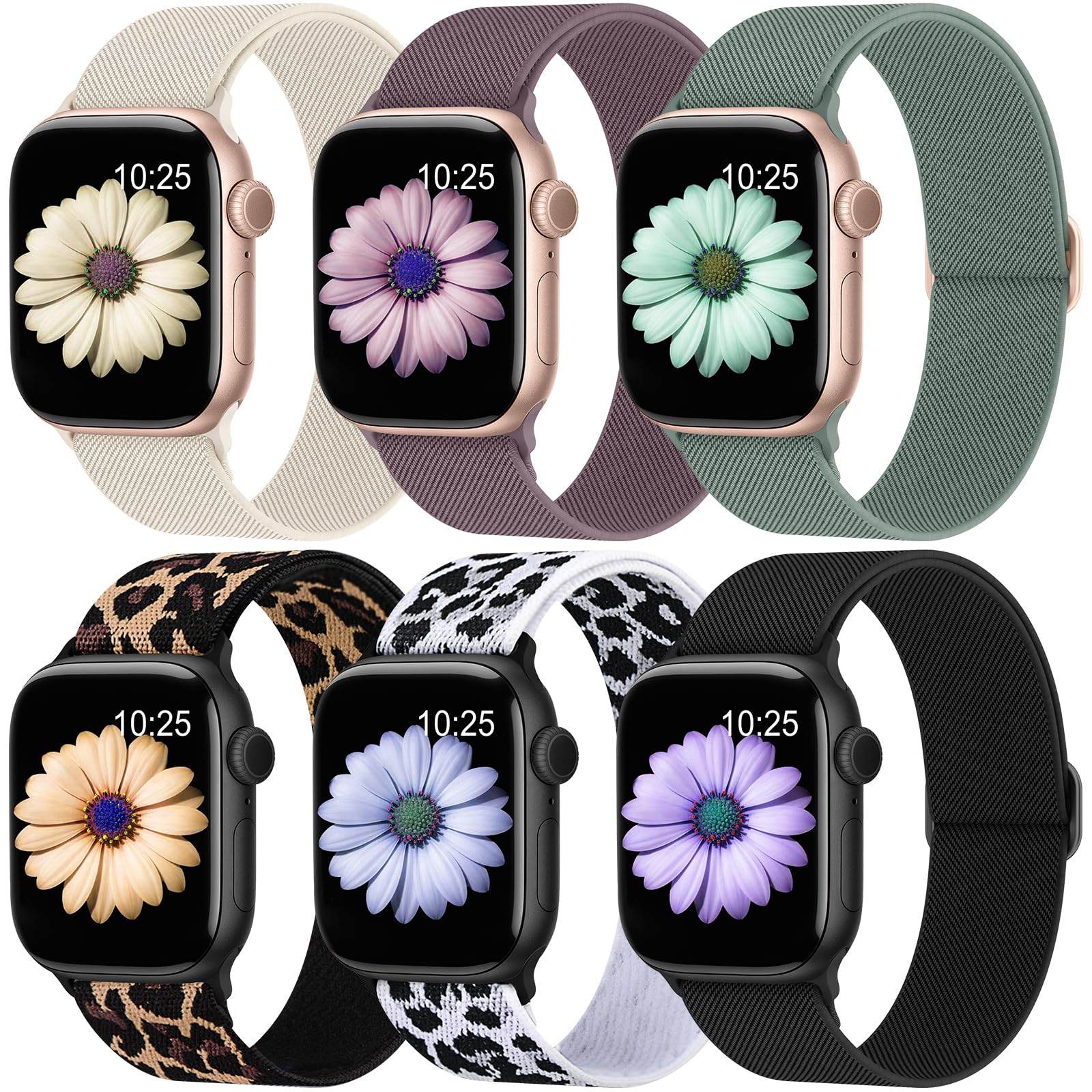 Higgs 6 Stück Elastisch Armband Kompatibel mit Apple Watch 40mm 41mm 42mm(Series 11 10) 38mm Damen Herren, Nylon Textil Stoff Solo Loop für iWatch Band SE 3/2 Series 11 10 9 8 7 6 5 4 3 2 1