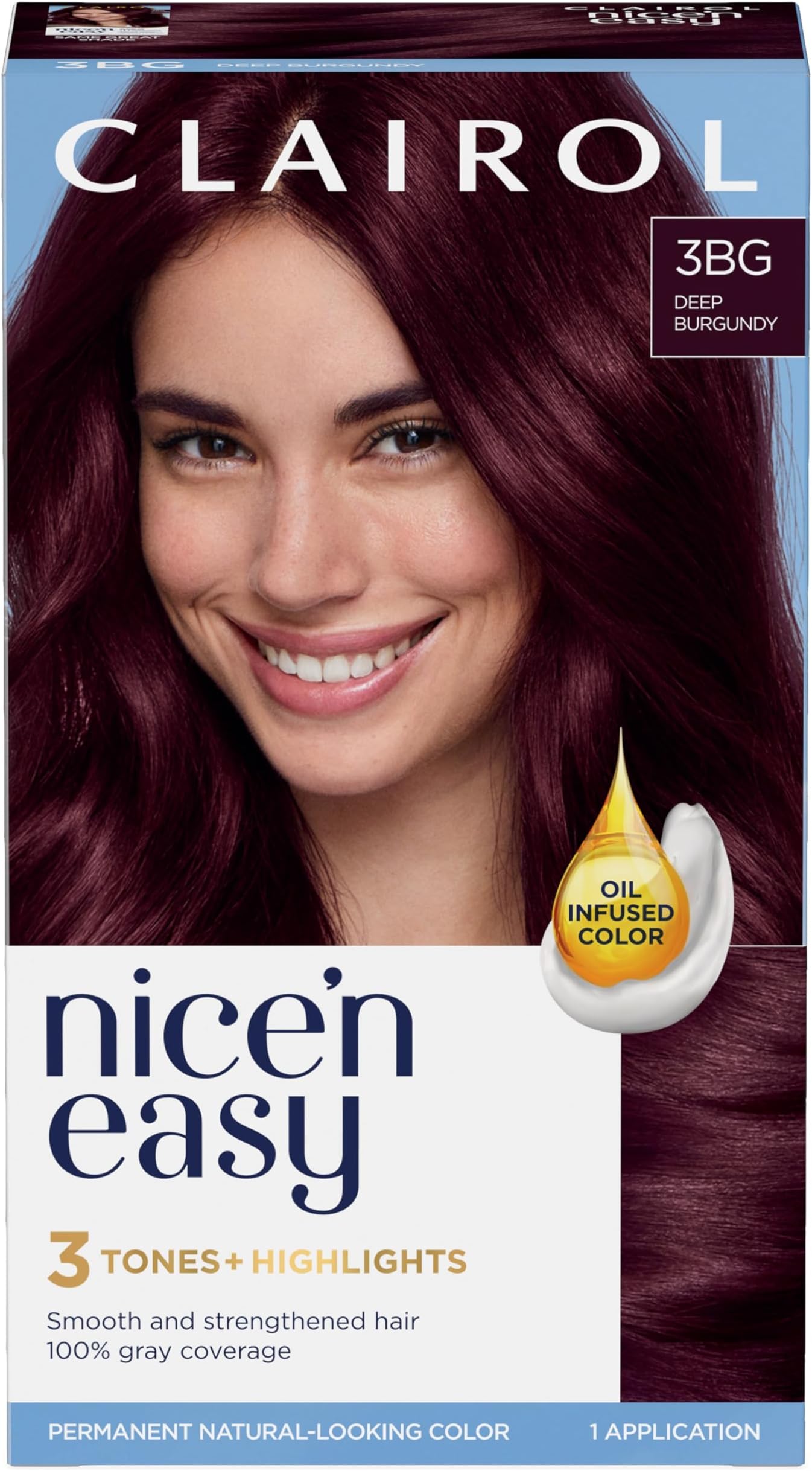 Clairol Nice'n Easy Permanent Hair Dye, 3BG Deep Burgundy Hair Colour Pack of 1