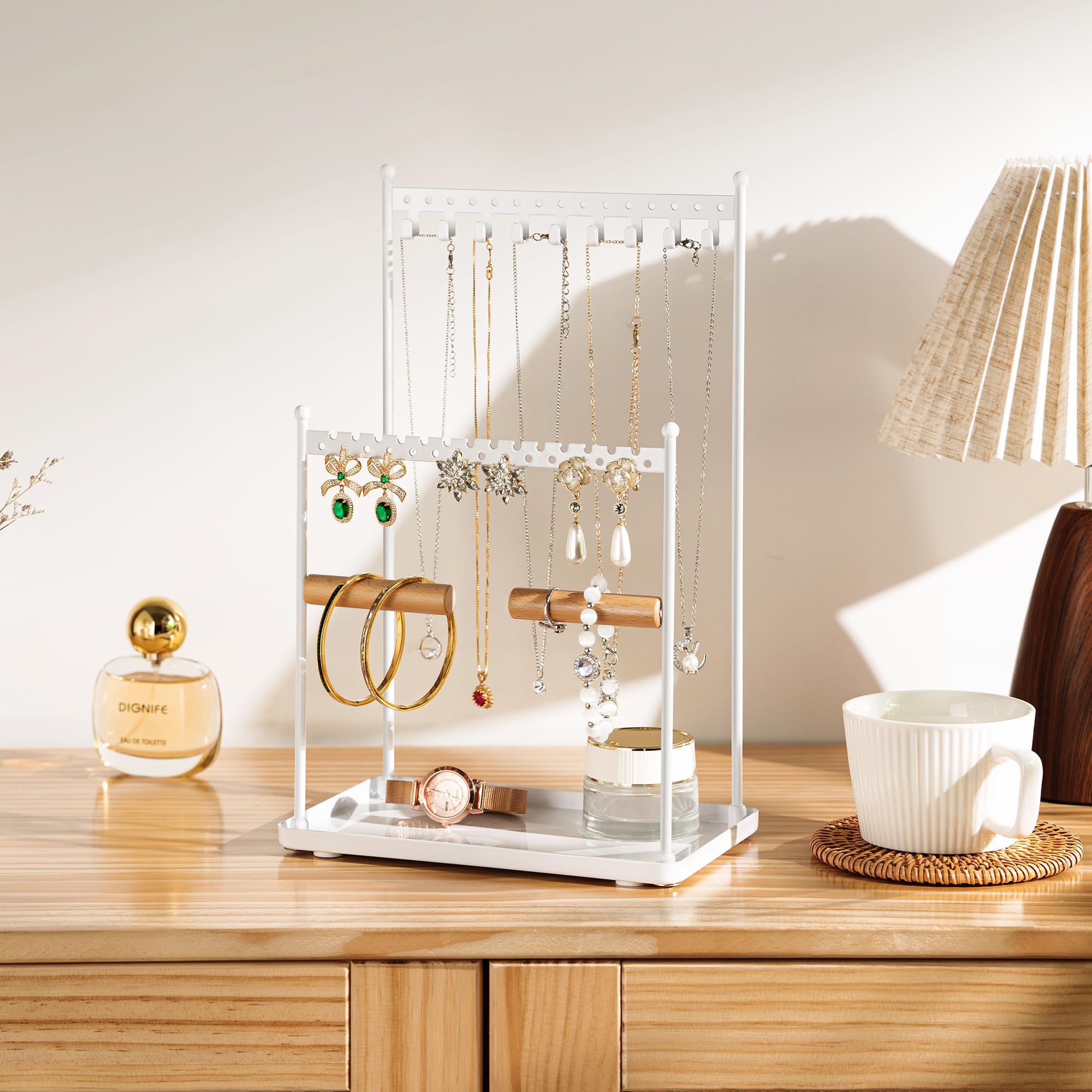 Jewelry Stand Necklace Holder Organizer – 3-Tier Jewelry Display Rack with Storage Tray – Holds 22 Pairs of Earrings, Bracelets, Rings, Necklaces – Gift for Girls & Women, White