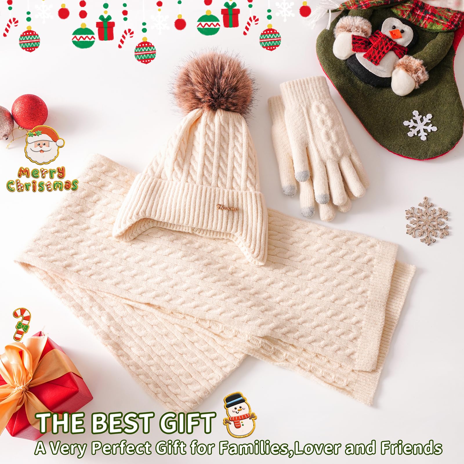 Set invernale da donna, con cappello e sciarpa, guanti classici con pompon rimovibile, sciarpa lunga e guanti touchscreen, set 3 in 1