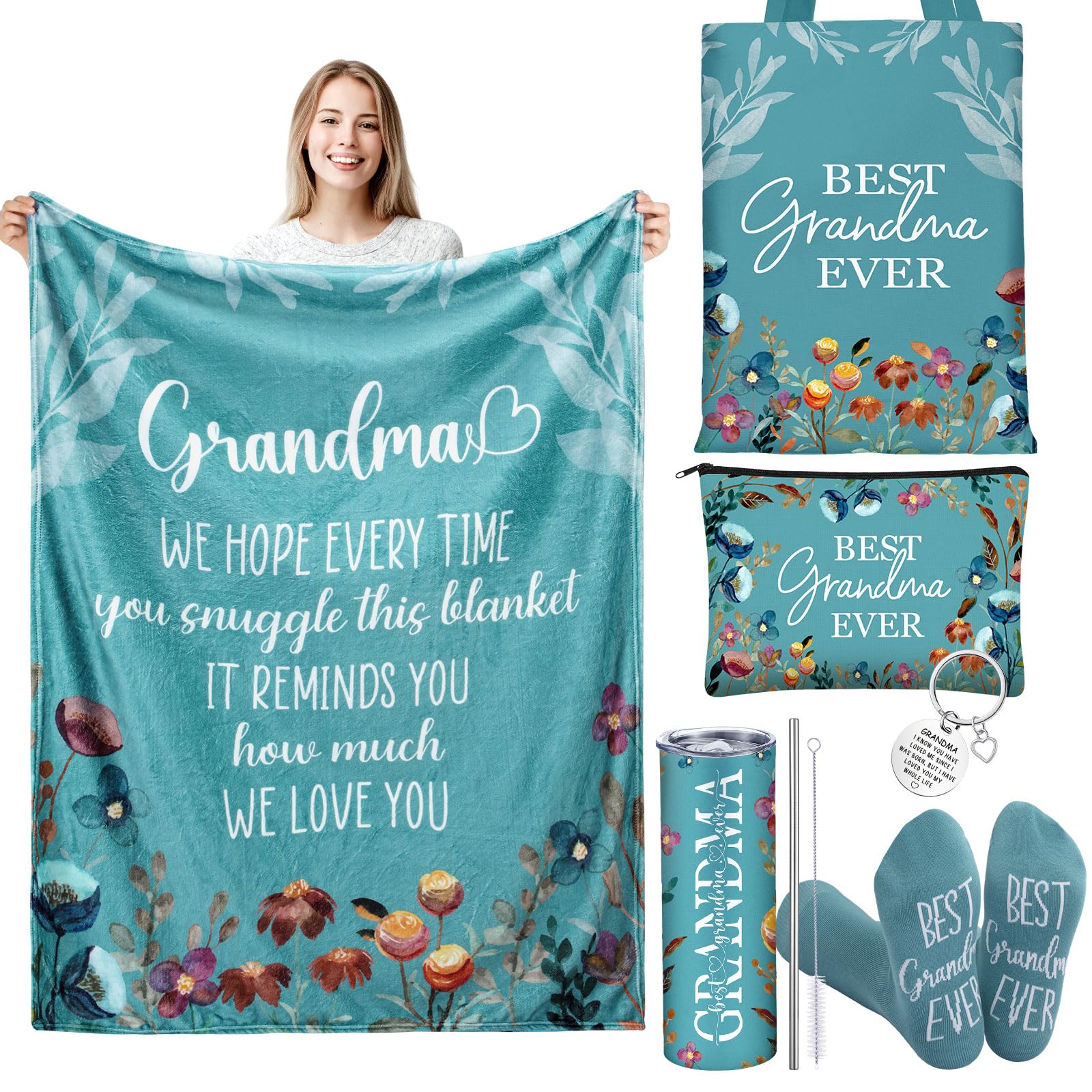 Geiserailie Geschenk-Set für Großmutter, 6-teilig, Motiv: Oma, lebhafte Blüte, Flanell-Überwurf, Decke, Trinkbecher, Socken, Tragetasche, Geburtstagsgeschenk-Set für Oma von Enkelkindern, Enkelkindern