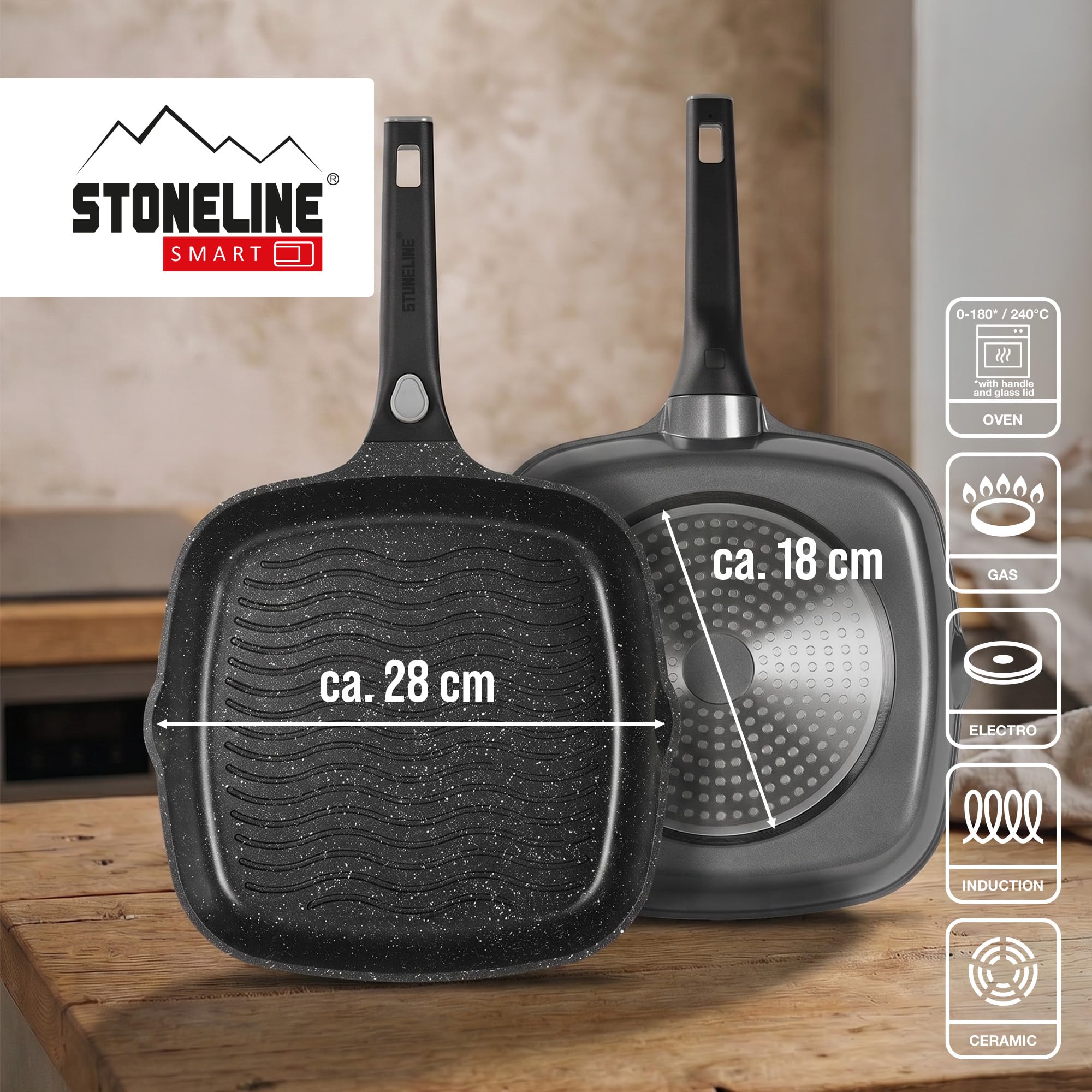 STONELINE SMART Grillpfanne 28 cm ☆ REDESIGN 25/26 ☆ Große Steak Pfanne Aluguss, Abnehmbarem Griff, Pfanne Induktion, Alle Herdarten, Antihaftbeschichtet mit echten Steinpartikeln, Grau