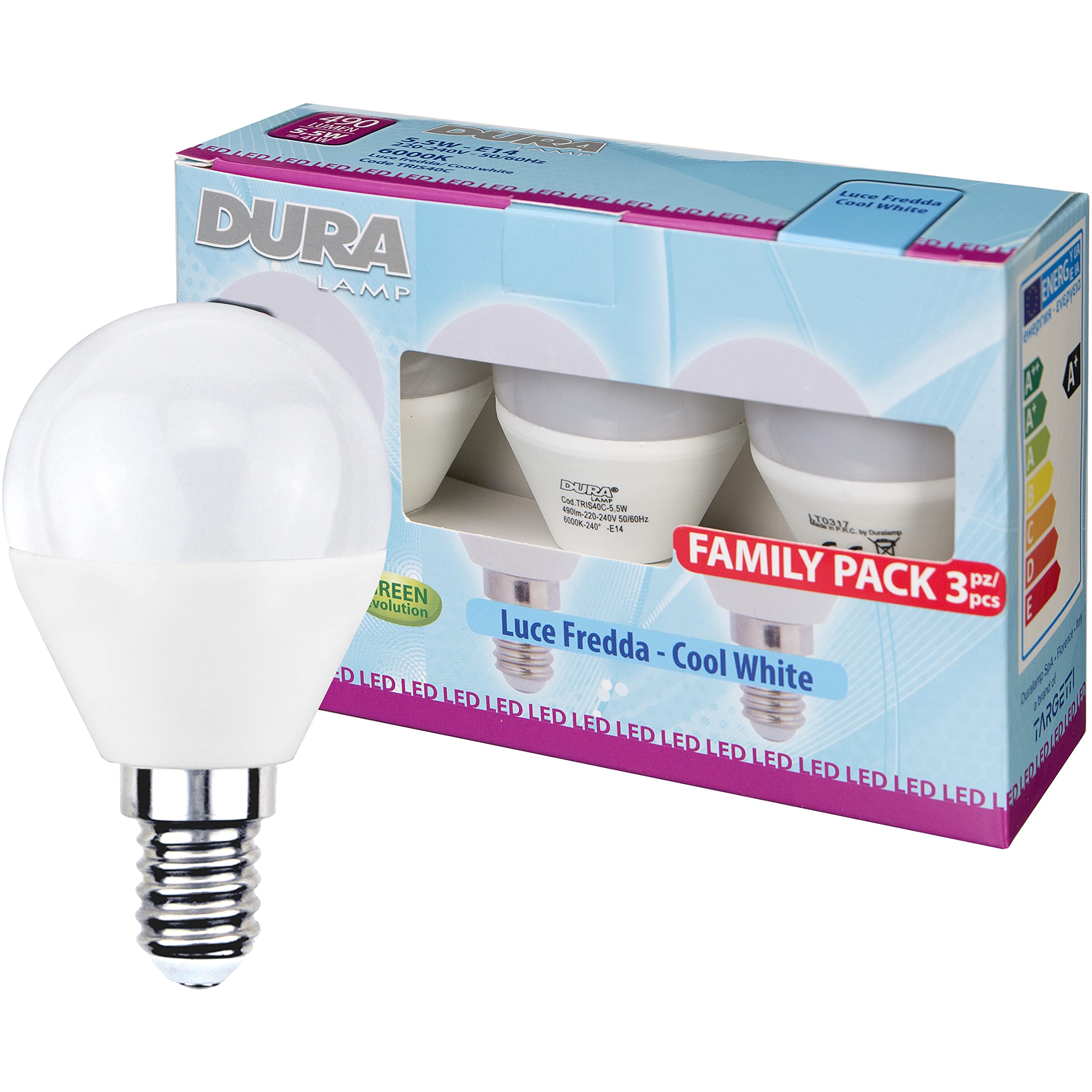 LAMPADINA LED"SFERA" 5,5 W - E14 (ATTACCO PICCOLO)- 490 LM - 6000 K - Codice Articolo TRIS40C - LUCE FREDDA CONFEZIONE DA 3 PEZZI