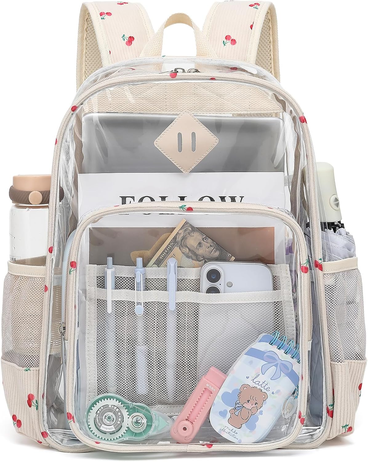 Xunteny Clear Backpack for Girls Women School Bookbag Heavy Duty Transparent Backpacks (Corduroy Cherry)