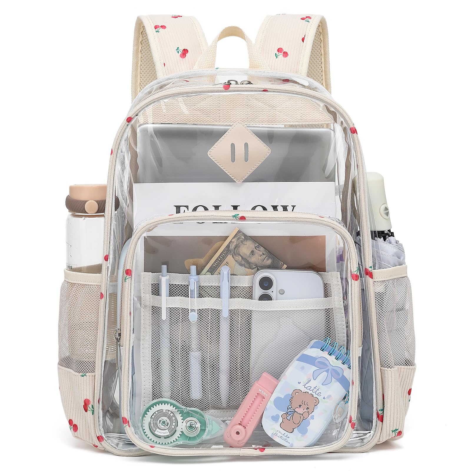 Xunteny Clear Backpack for Girls Women School Bookbag Heavy Duty Transparent Backpacks (Corduroy Cherry)