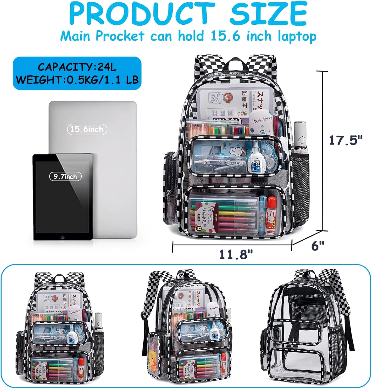 CAMTOP Clear Backpack Heavy Duty Transparent Bag See Through BookBag for Student School Work Festival Sport Travel (Check) - Image 2