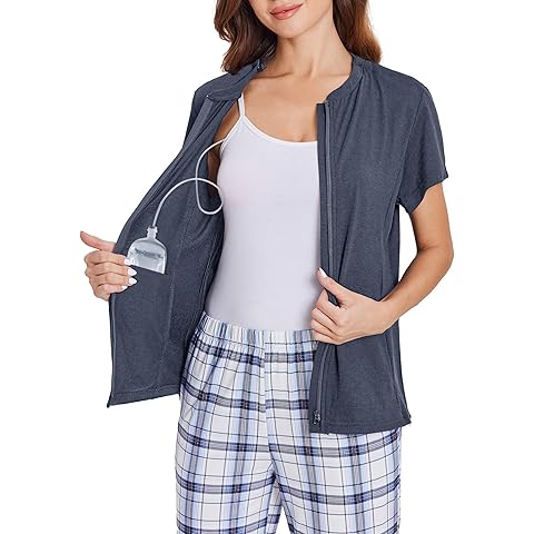 Deyeek Mastectomy Shirts with Drain Pockets Post Shoulder Surgery Tops for Women Chemo Port Short Sleeve with Zippers