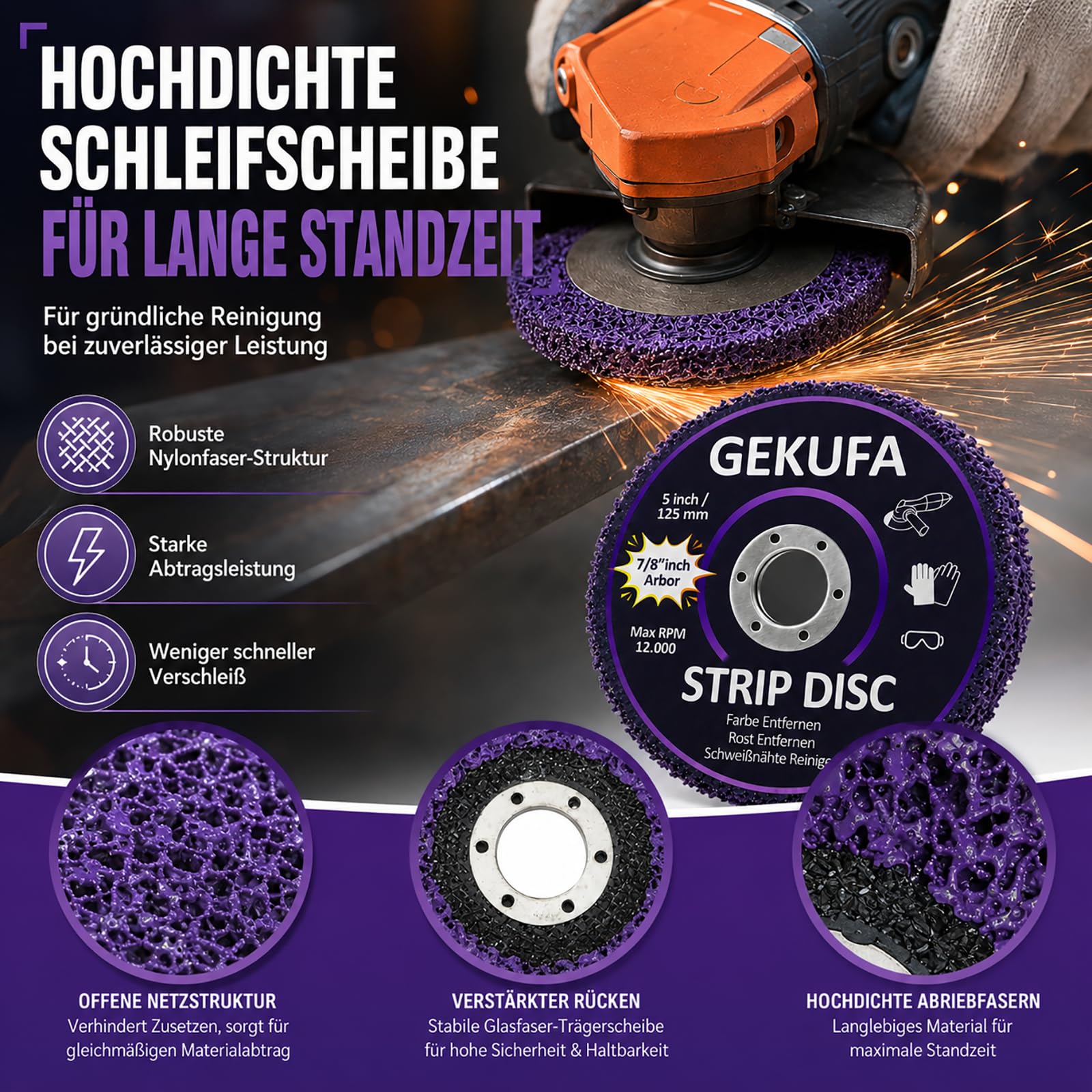 GEKUFA Lot de 5 Disques de Nettoyage CSD 125 mm – Disques Abrasifs Décapants pour Meuleuse d’Angle, Élimination de Rouille, Peinture et Vernis, pour Métal, Bois et Plastique