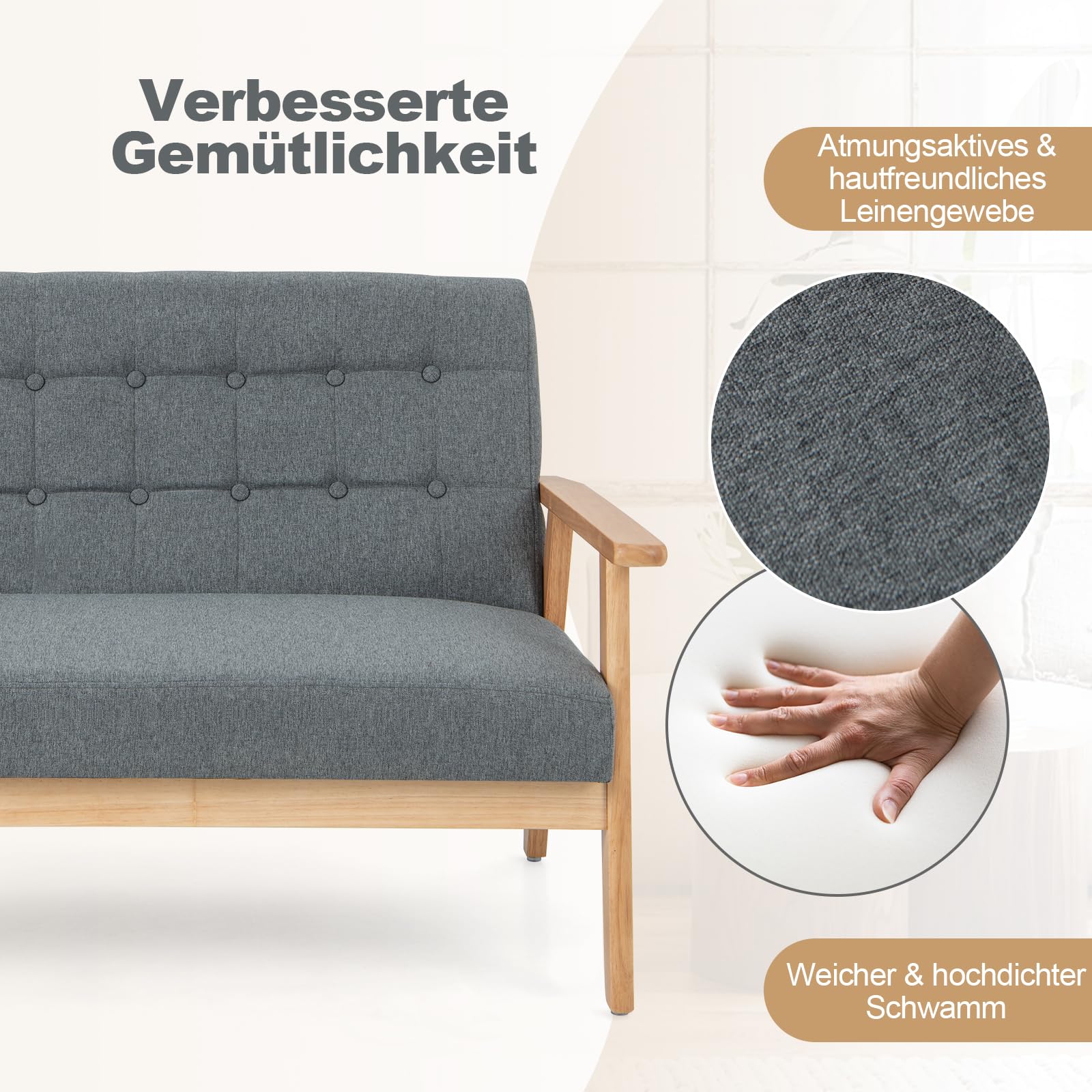 RELAX4LIFE 2 Sitzer Sofa, Polstersofa mit Massivholzrahmen Dickem Sitzkissen, Doppelsofa mit Rücklehne & Armlehnen, bis 250 kg belastbar, Gepolstertes Sofa für Wohnzimmer Schlafzimmer Büro