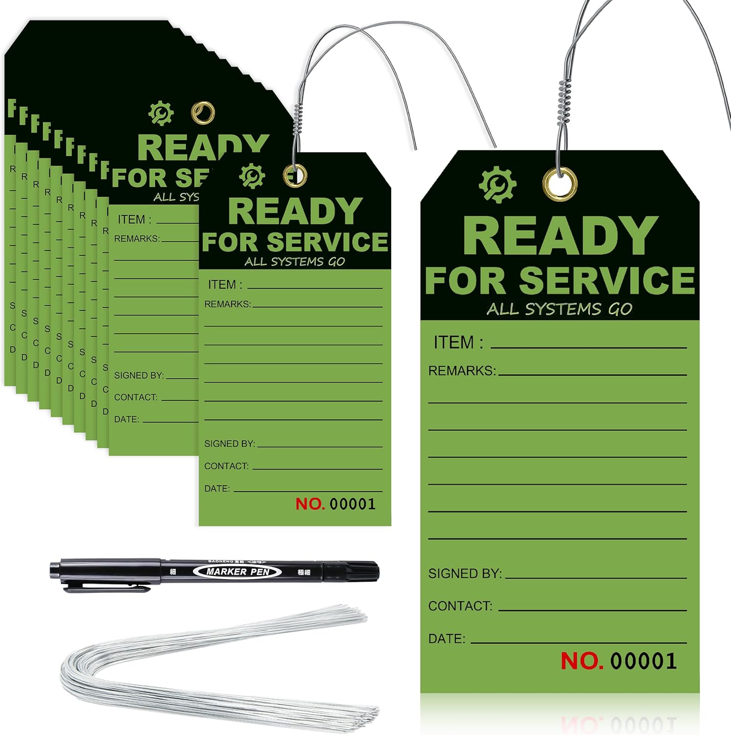 200 Pcs Ready for Service Tags 3 x 5.75 Inch with Serial Number Service Repair Green Tag with 10 Inch Wire Status Notice Tags Equipment Tag Designed for Factories (200)