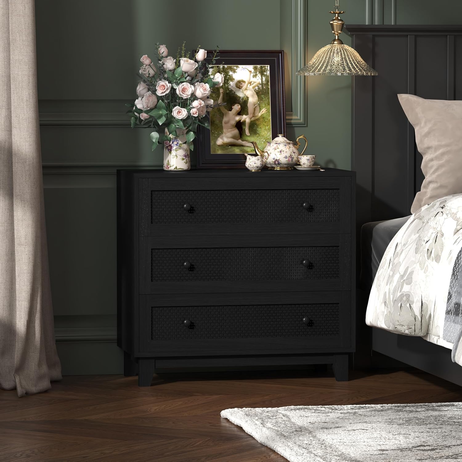 Rattan & Wooden 3-Drawer Dresser for Bedroom, Short Chests of Drawers for Clothes Organizer, Durable Nightstand with Ample Storage, Farmhouse Boho Side Table for Hallway