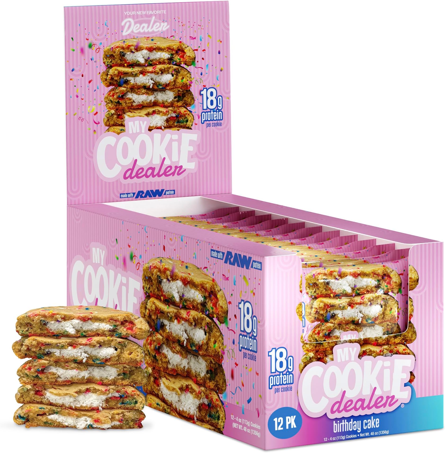 My Cookie Dealer Protein Cookies, Birthday Cake (4oz, Pack of 12) - 18g Protein per Cookie - Individually Wrapped Workout Snacks for On-The-Go Travel