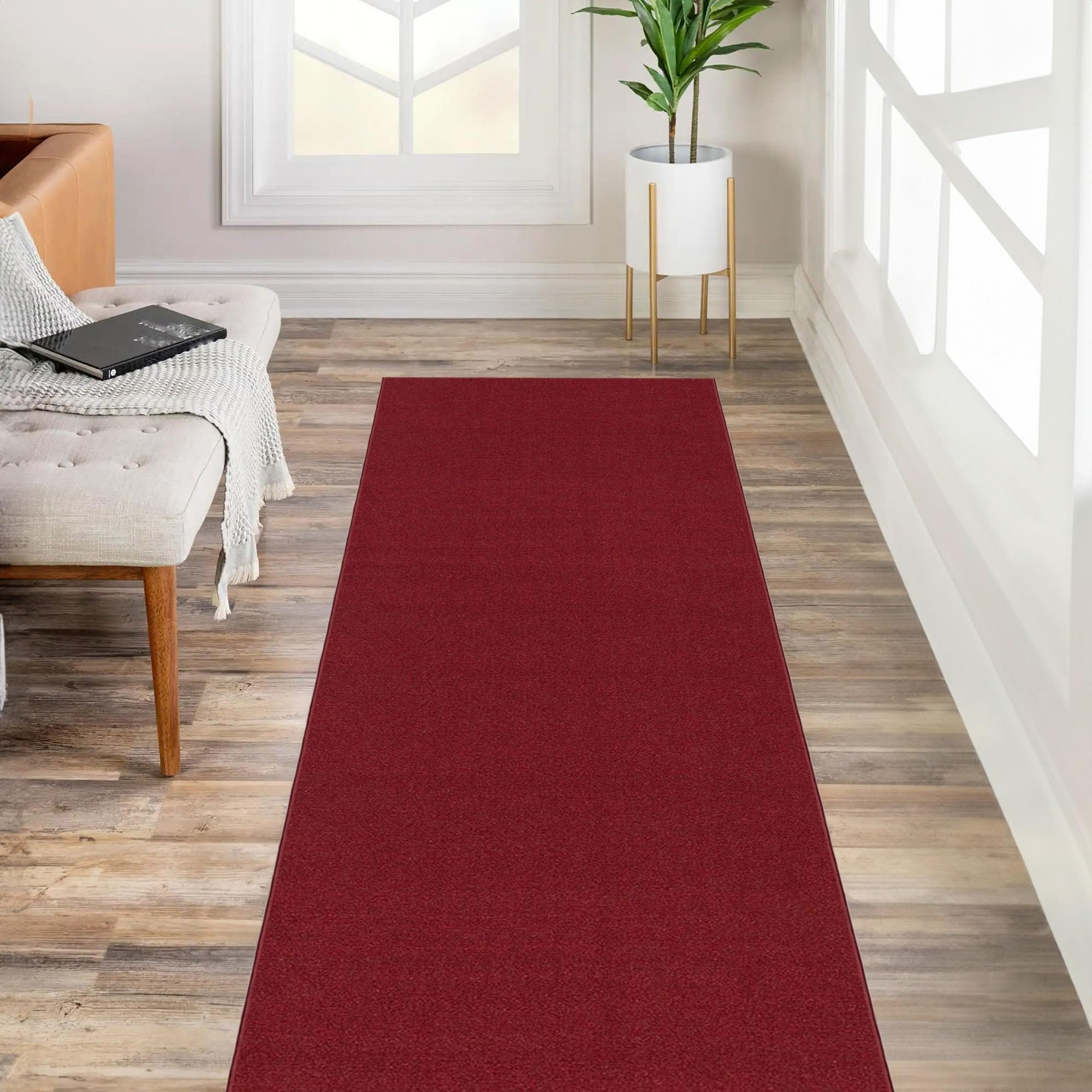 Kapaqua Custom Length Solid Color Runner Rug Non Slip Rubber Backing for Hallway Stair Kitchen Living Room, Dark Red, 23in X 8ft