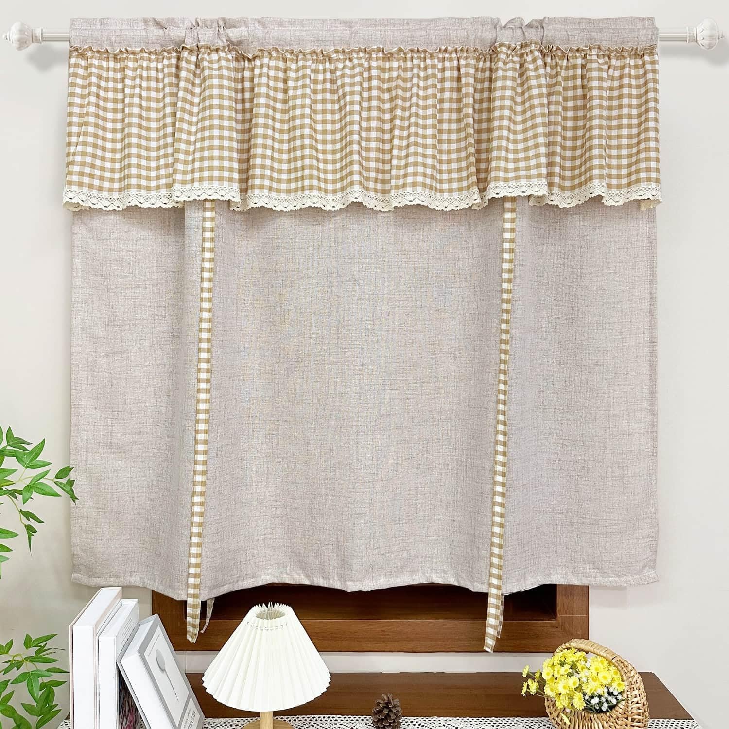 1 Panel Tie Up Linen Curtain with Gingham Valance Attached