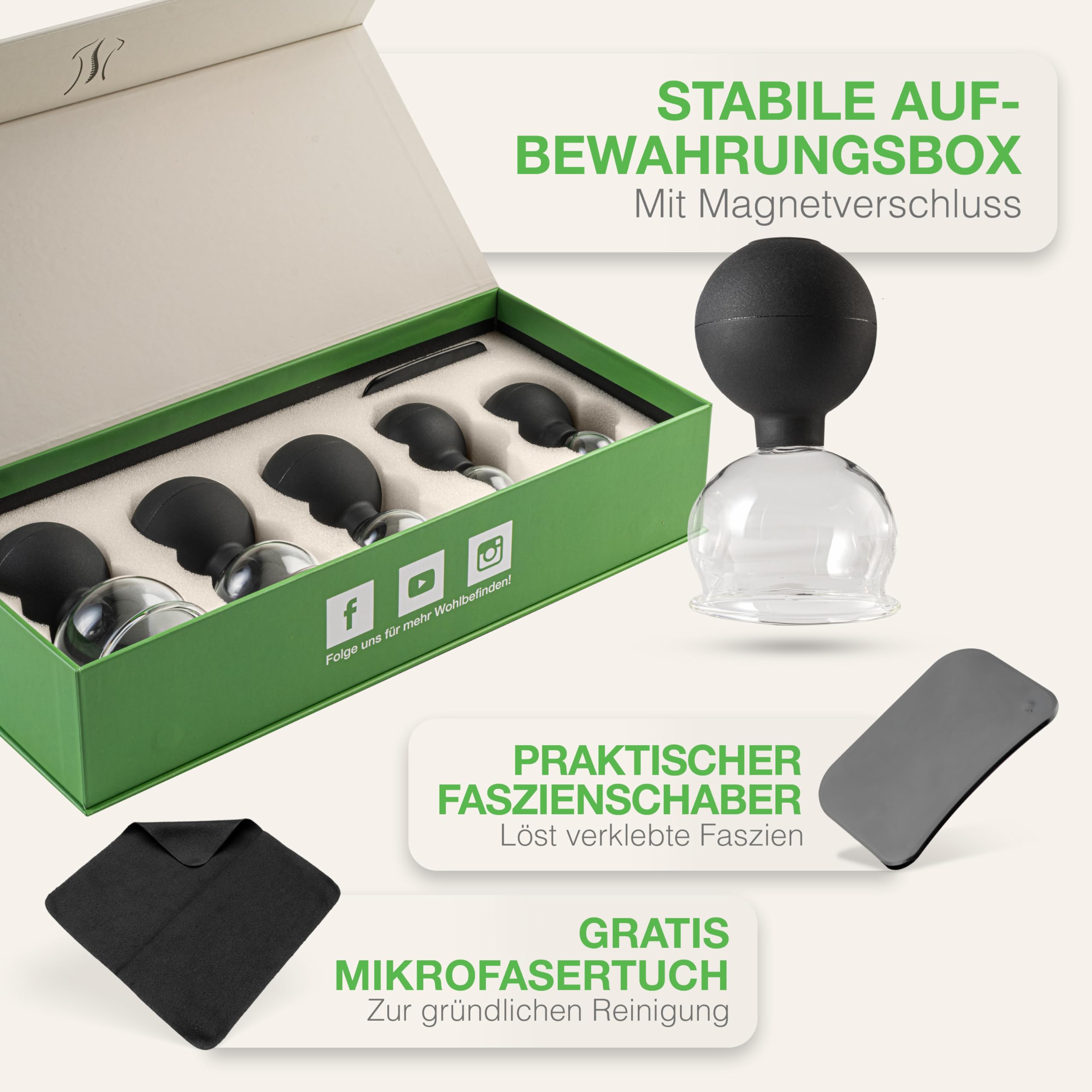 BACKLAXX ® Schröpfgläser Set aus Echtglas mit Saugball Silikon & Faszienschaber, Schröpfen gegen Cellulite, Face Cupping Set gegen Falten, Schröpfglas gegen Verspannungen, Schröpfgerät mit eBook
