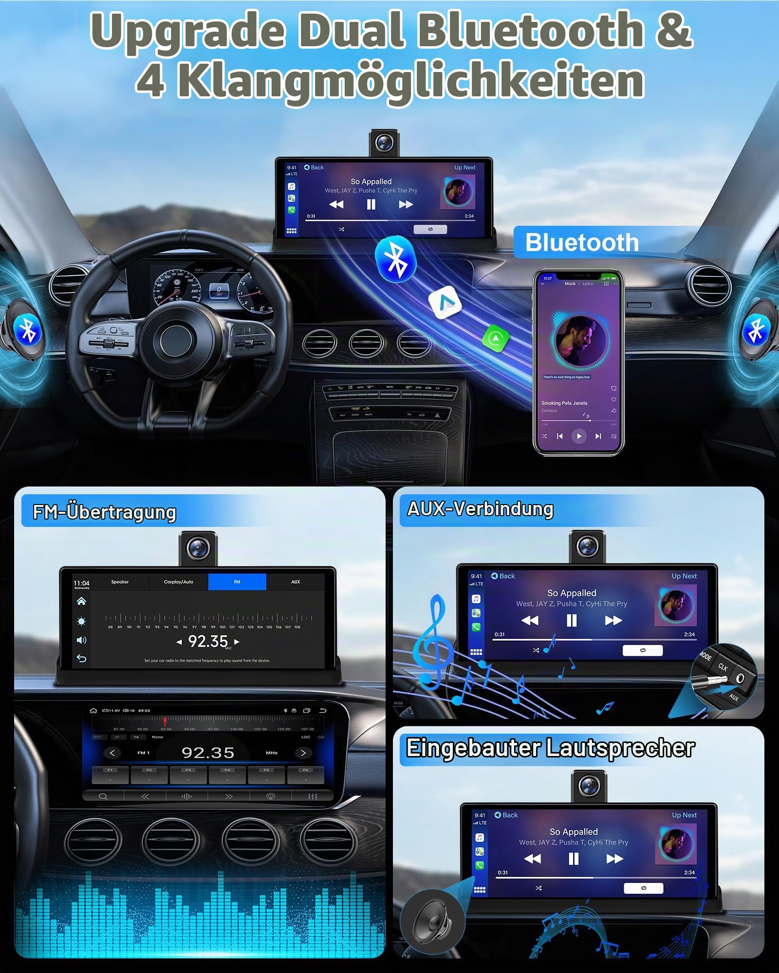 4K Apple Carplay Android Auto Display mit Exklusive Halterung, 350° Drehbare 10,26 Zoll Auto Display Car Play Bildschirm, Buddy Display mit Siri/G-oogle GPS Navigation Bluetooth 64GB TF-Karte