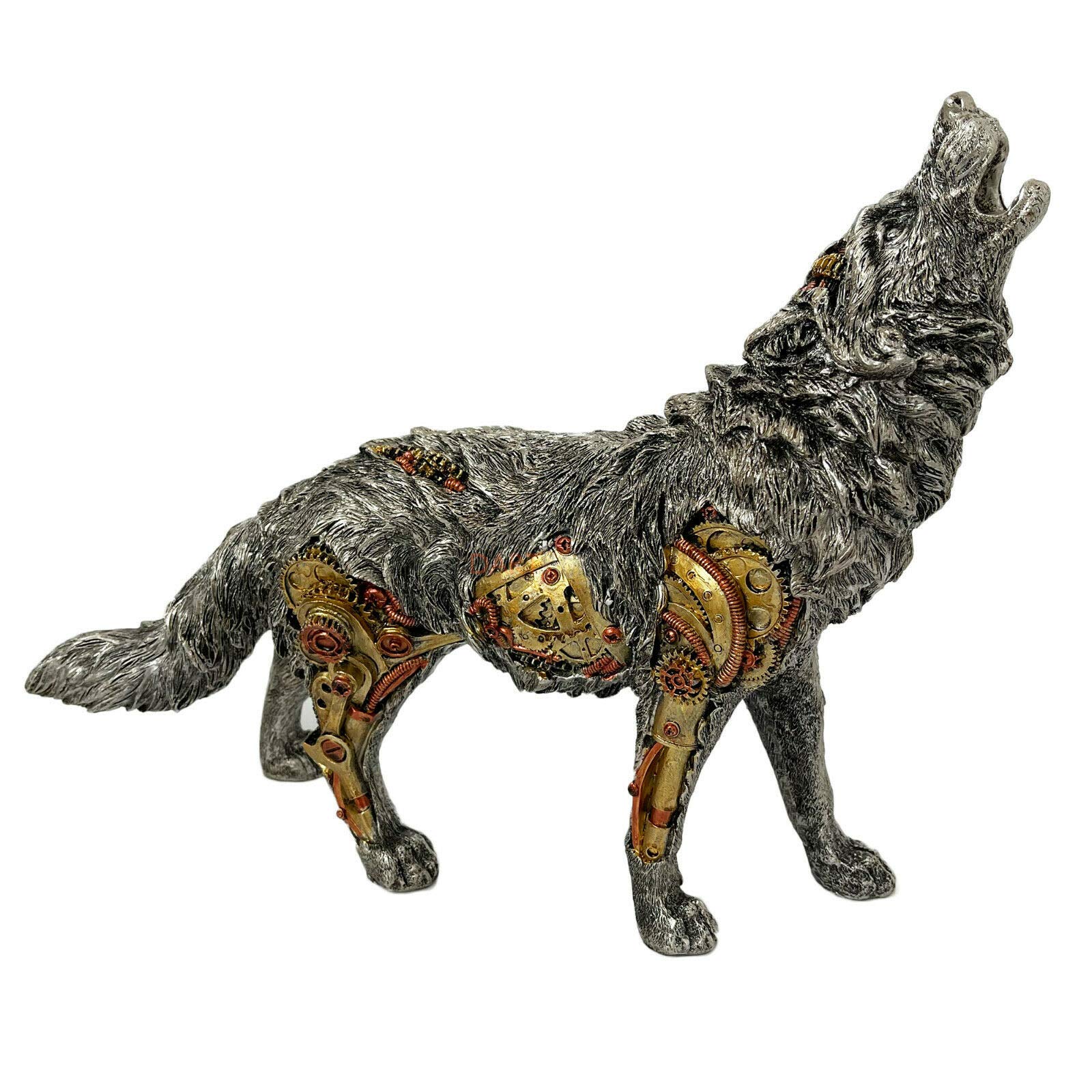 Darthome Steampunk Howling Wolf Ornament Industrial Silver Resin Gothic Decorative Wolves 33cm