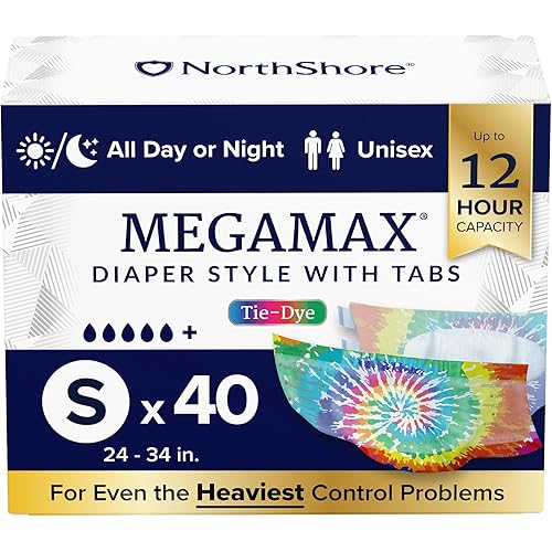 NorthShore MegaMax Adult Overnight Diapers, 12-Hour Tab-Style, Small, 40 Count Case, Tie-Dye, 24-34 inches, Unisex Incontinence Underwear