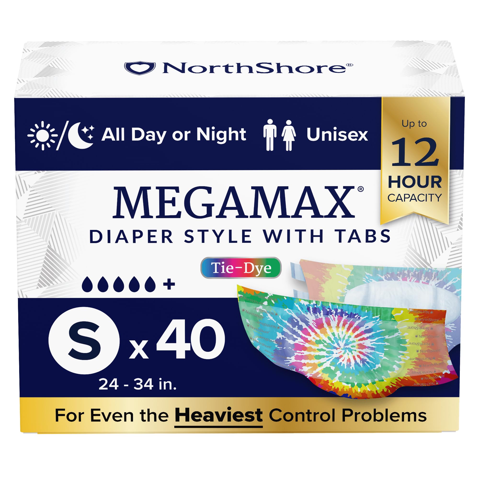 NorthShore MegaMax Adult Overnight Diapers, 12-Hour Tab-Style, Small, 40 Count Case, Tie-Dye, 24-34 inches, Unisex Incontinence Underwear