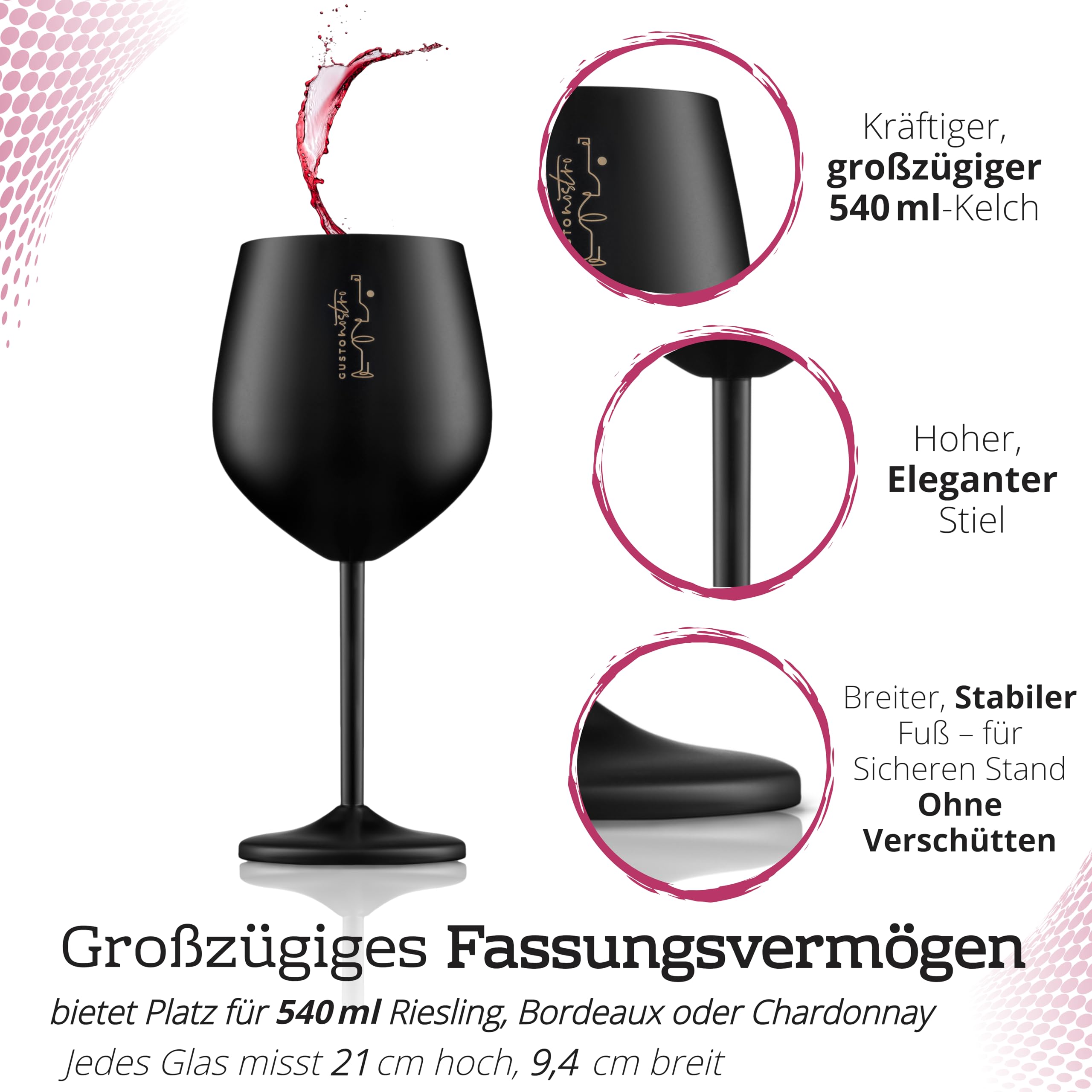 Gusto Nostro Weingläser mit Stiel aus Edelstahl - Unzerbrechliche Kelche mit 540 ml - Elegantes Trinkgeschirr in Schwarz für Champagner und Cocktails (4er Pack)