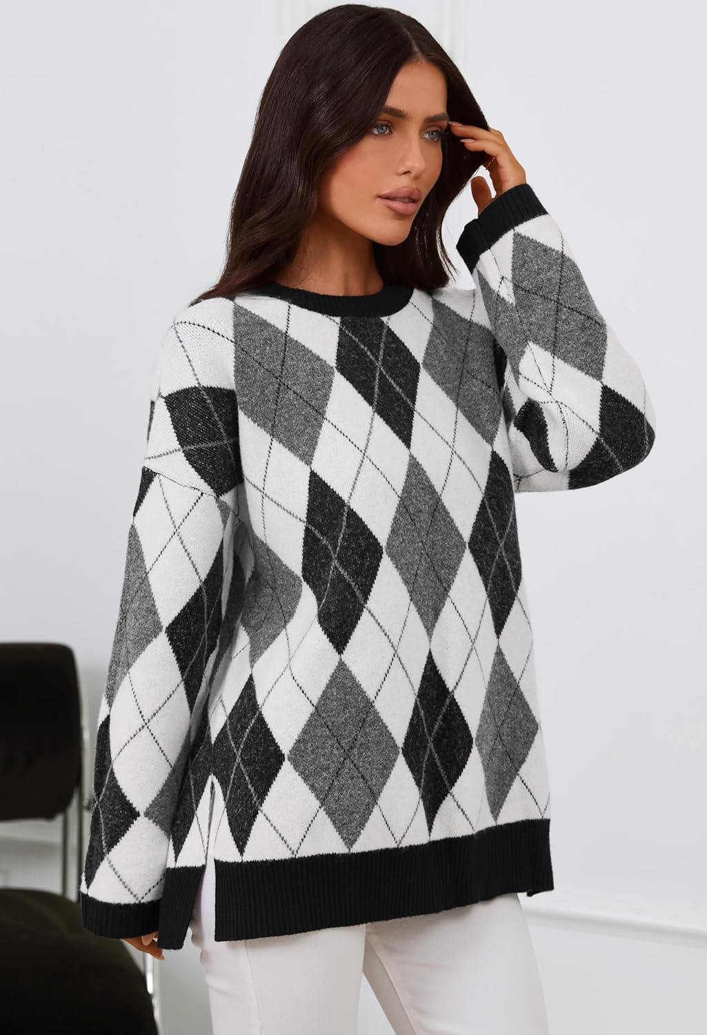 MEROKEETY Women's Long Sleeve Sweaters 2025 Fall Argyle Plaid Crewneck Loose Color Block Knit Pullover Tops - Image 3