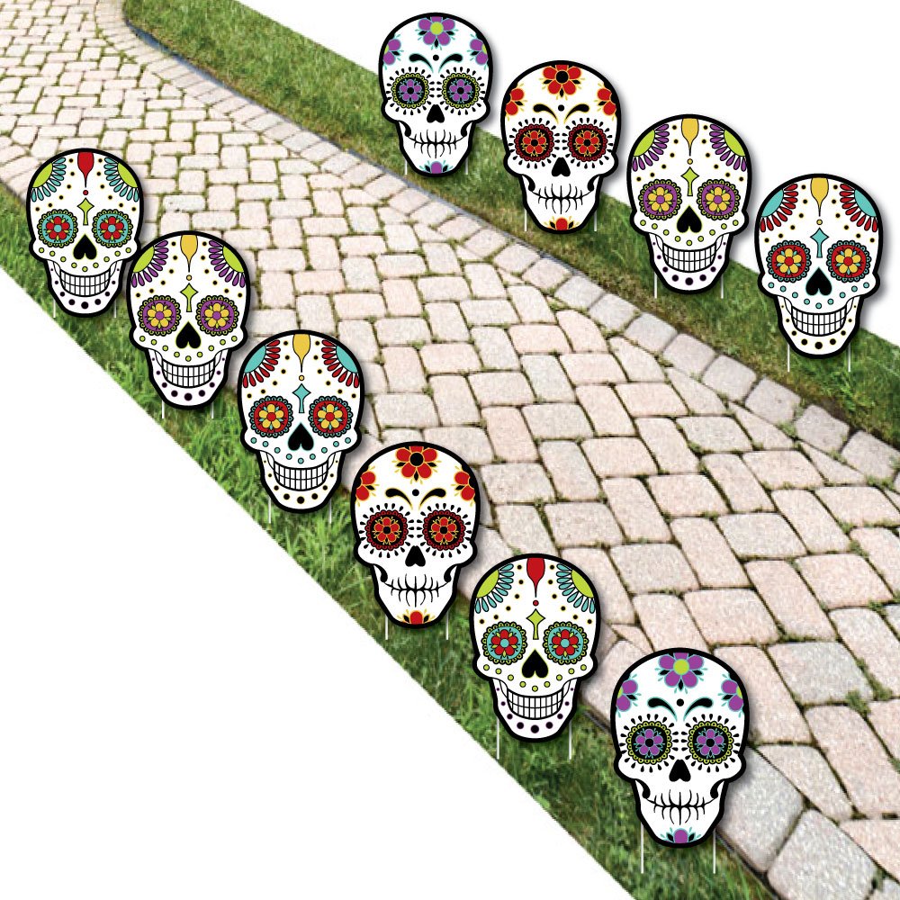Big Dot of Happiness Day of the Dead - Sugar Skull Skeleton Lawn Decorations - Outdoor Halloween Yard Decorations - 10 Piece