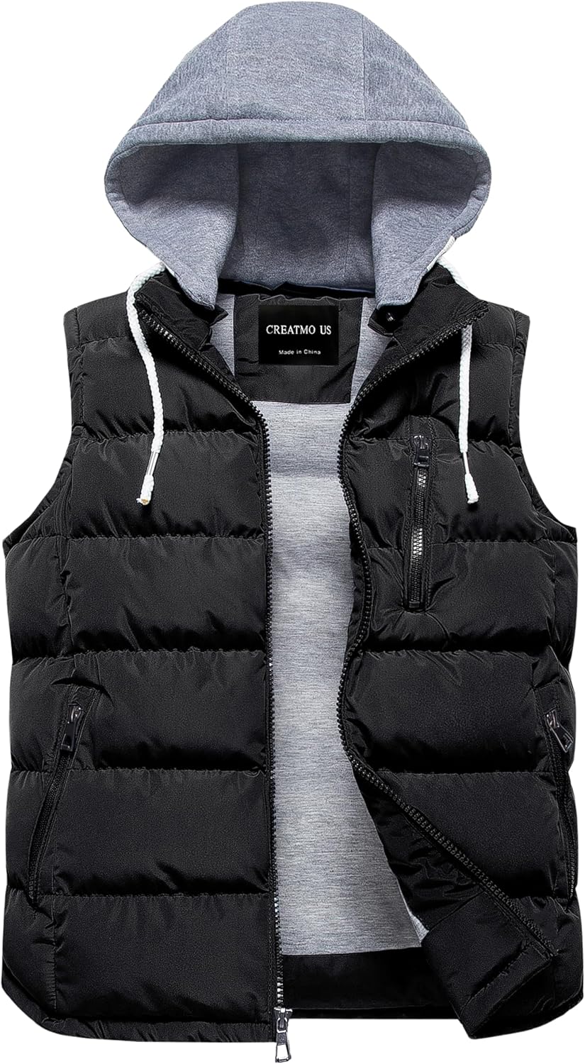 CREATMO US Men's Outdoor Winter Vest Outerwear Removable Hooded Padded Puffer Sleeveless Vest