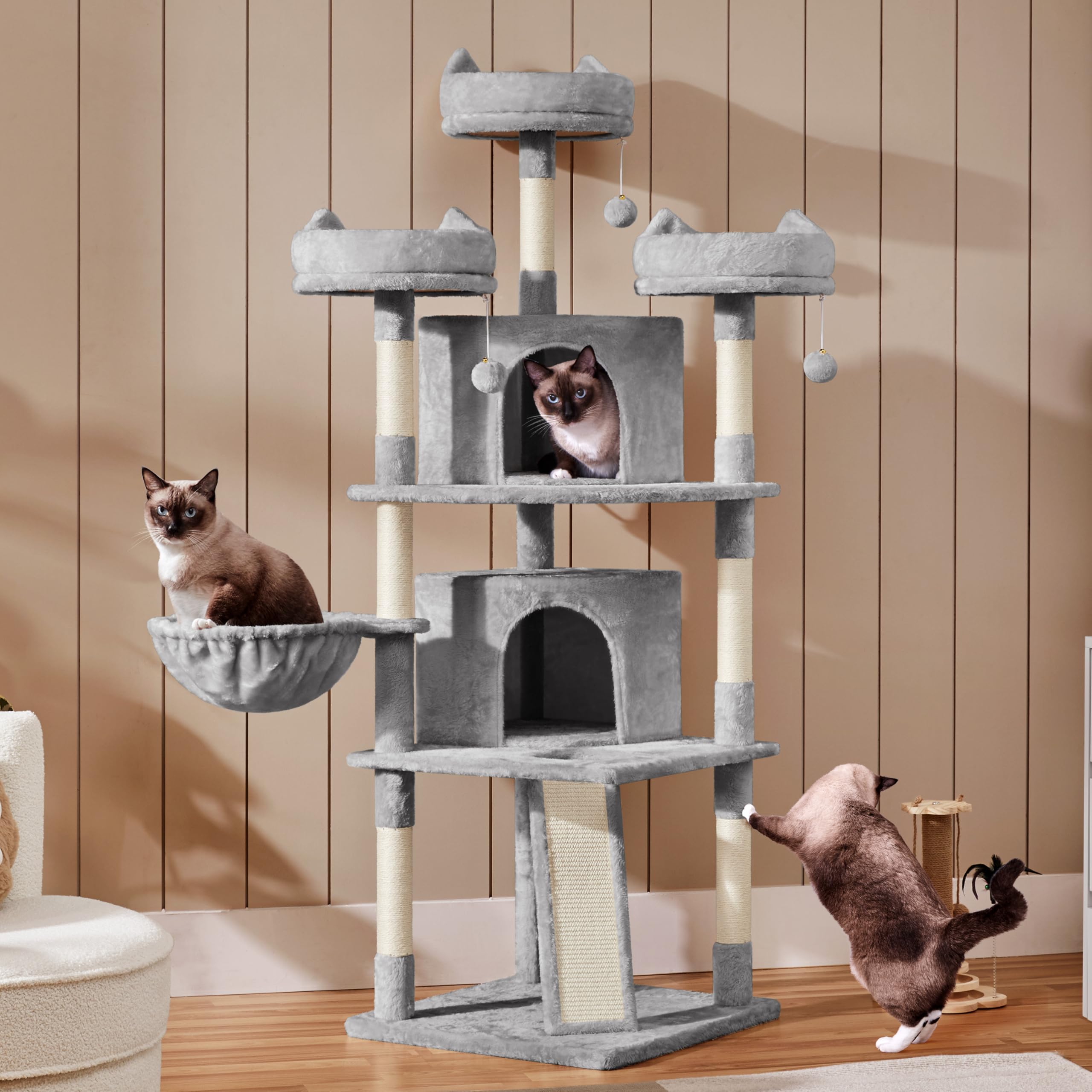 Yaheetech Árbol Rascador para 3-5 Gatos Adultos de Altura 175 cm Grande Torre para Gatos Mascota con 3 Plaraformas Gris Claro