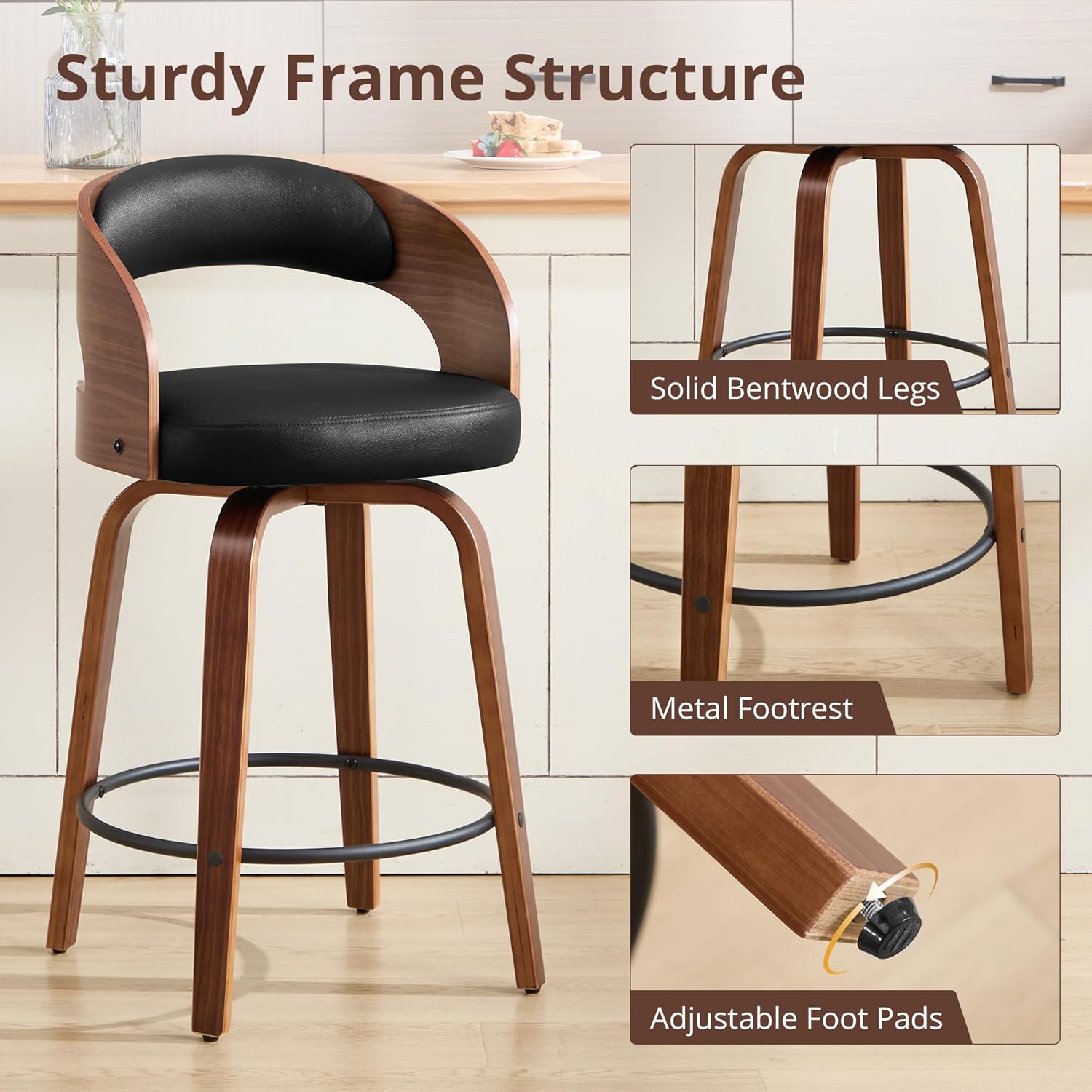 Swivel Bar Stools Set of 3,26" Faux Leather Upholstered Counter Height Barstools with Back,Mid-Century Modern Bar Chairs with Bentwood Legs and Footrest for Kitchen Island Bar Counter Black