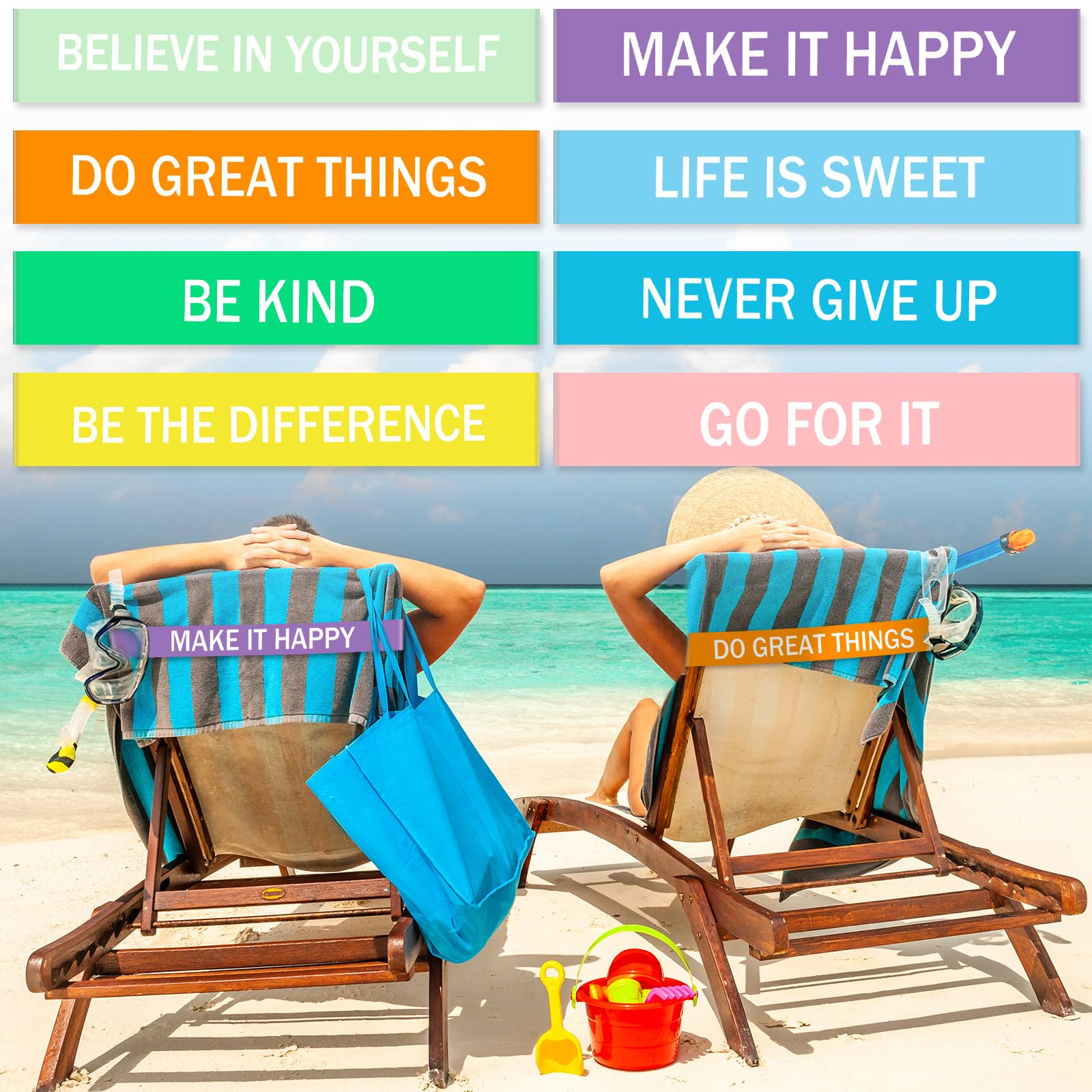 Boao 8 Pack Beach Towel Bands for Chair, Elastic Strap,Inspirational
