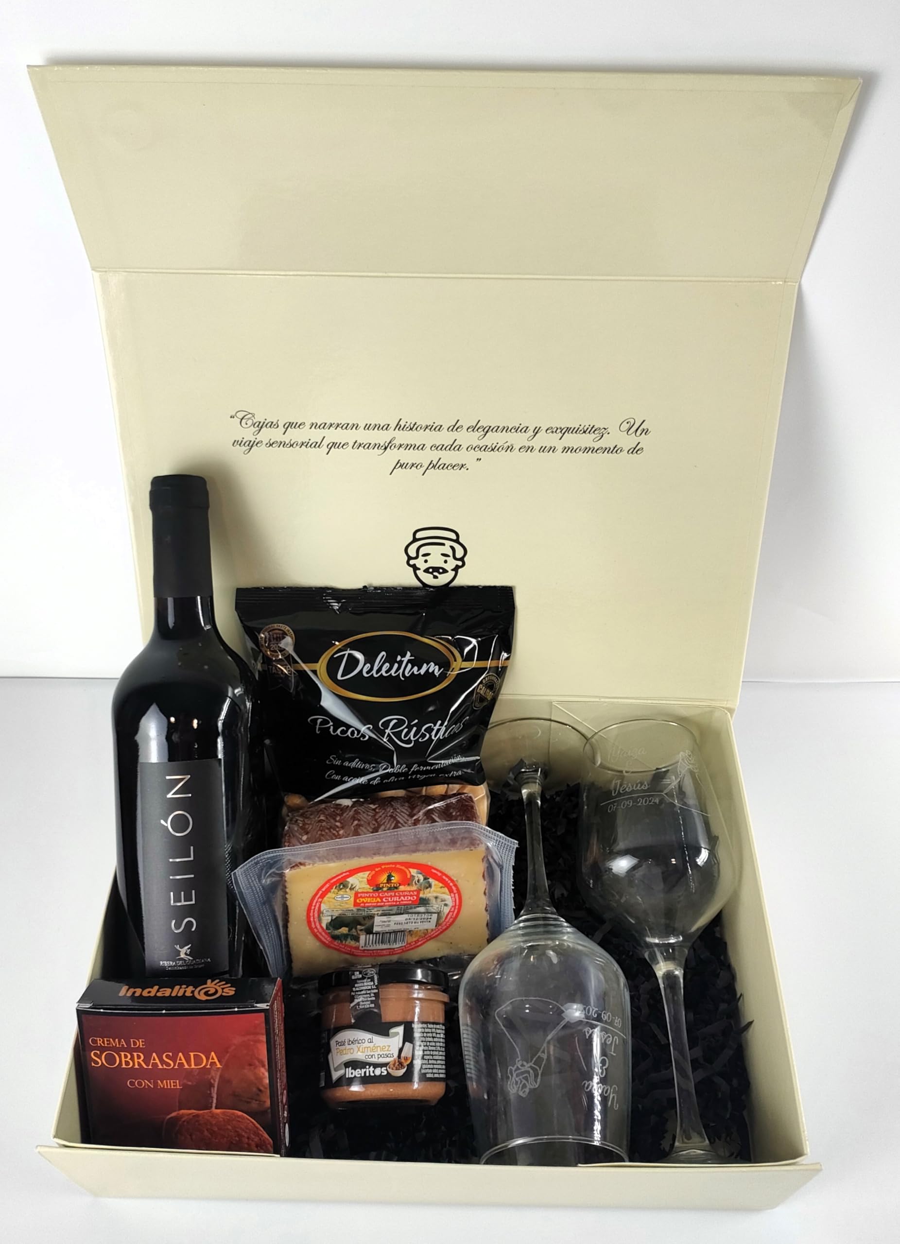 DON GOURMET, Cesta Gourmet para Regalar, Copas de vino personalizadas, Cesta Navidad Queso curado, patés, Cesta de Navidad. Regalo de cumpleaños, Regalo recién casados. Regalo de jubilacion. (2 COPAS)