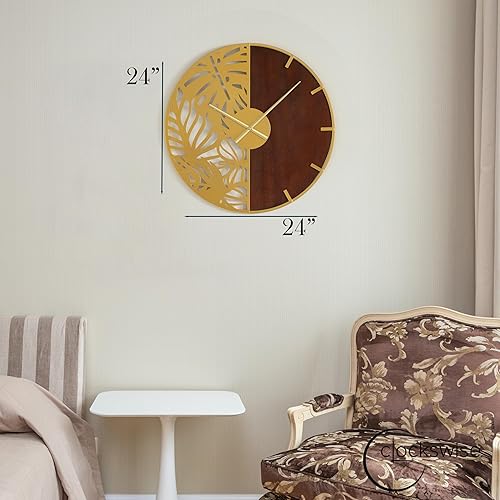 Miniatura 2 de Reloj de pared grande redondo moderno de 23.6 pulgadas, madera marrón decorativa y metal dorado con corte de hojas, reloj de gran tamaño para