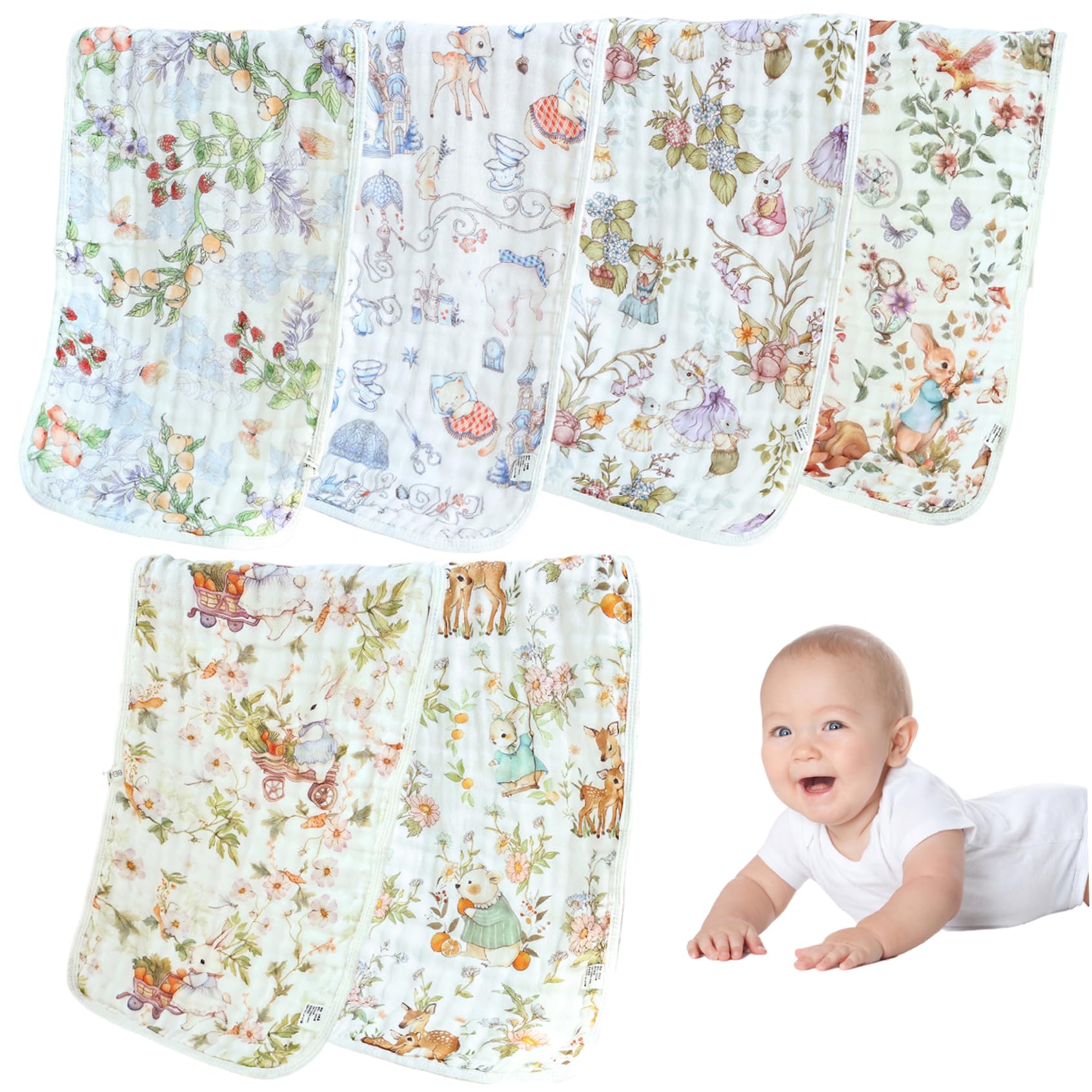 Gcroet Lot de 6 Chiffons à rots pour bébé, 20 x 10 cm, Chiffons à rots en Mousseline Douce et absorbante avec Corde de Suspension, multifonctionnels respectueux la Peau pour bébés, Nouveau-nés.