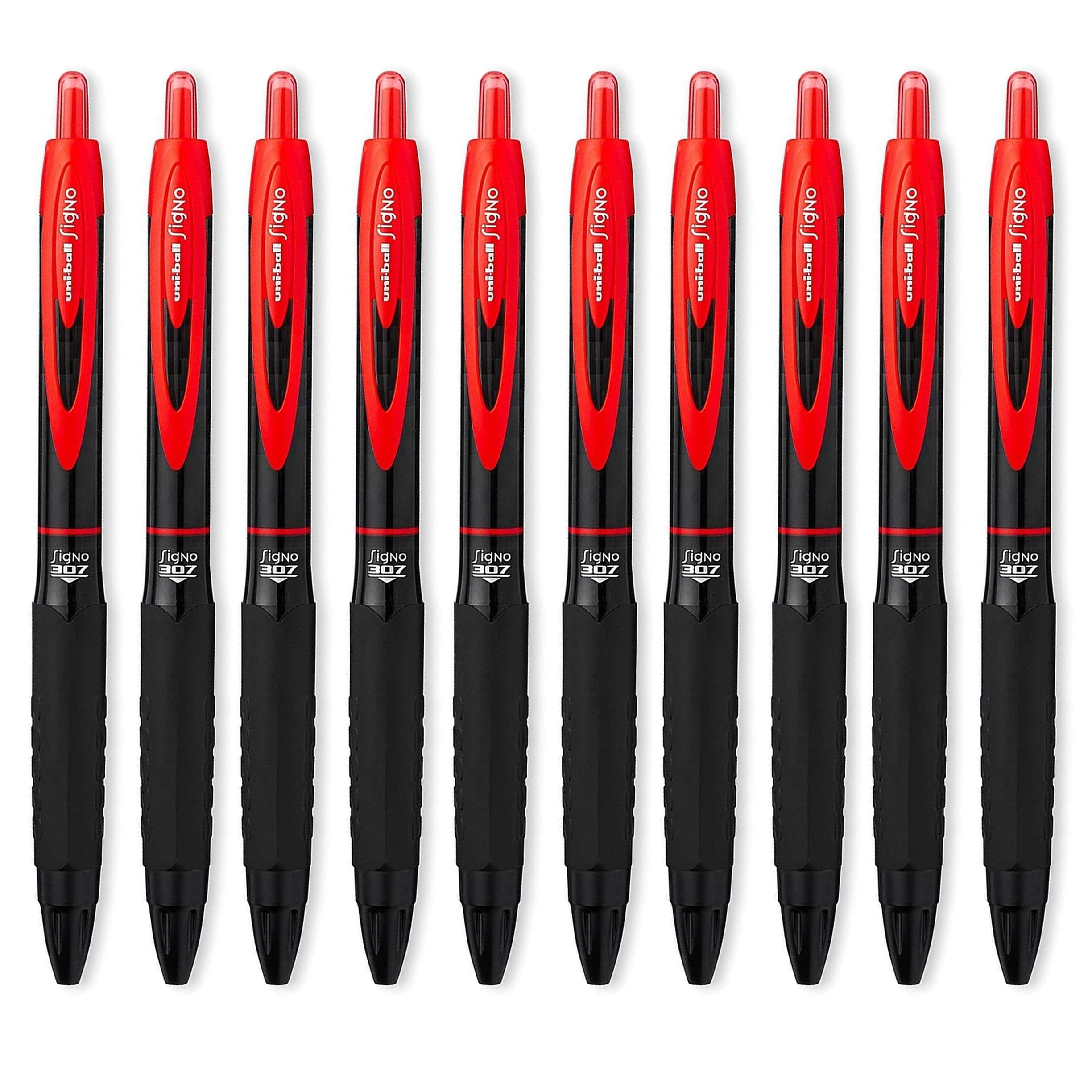 uni-ball Signo 307 - Fine Retractable Rollerball Pen - Pack of 10 - Red Ink - UMN-307, Multicolor, 1 count (Pack of 10)