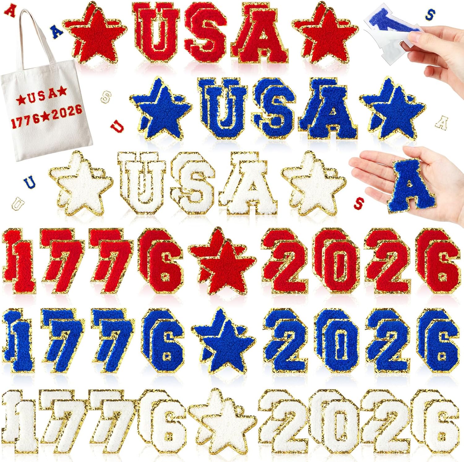 84 Pcs 250th Anniversary Patriotic Letter Patches 1776-2026 Red White Blue USA Chenille Patches Embroidered Applique for DIY Crafts Independence Day 4th of July Star Party Accessories