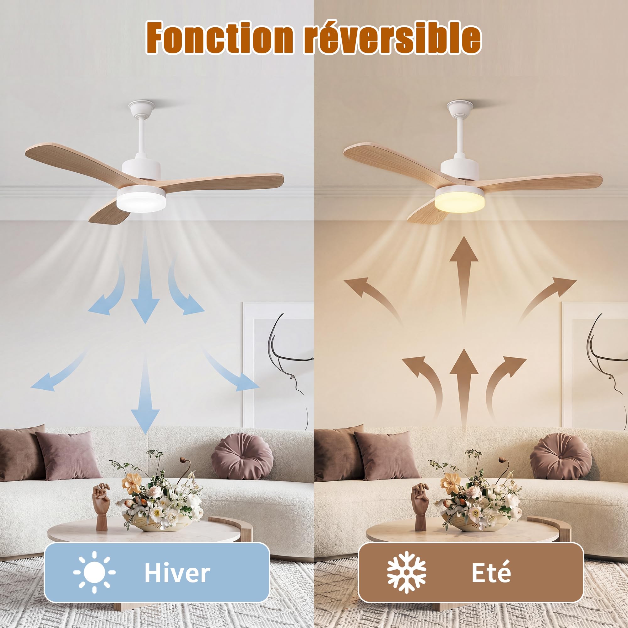 Ventilador de techo con luz y mando a distancia 106 cm, grano de madera
