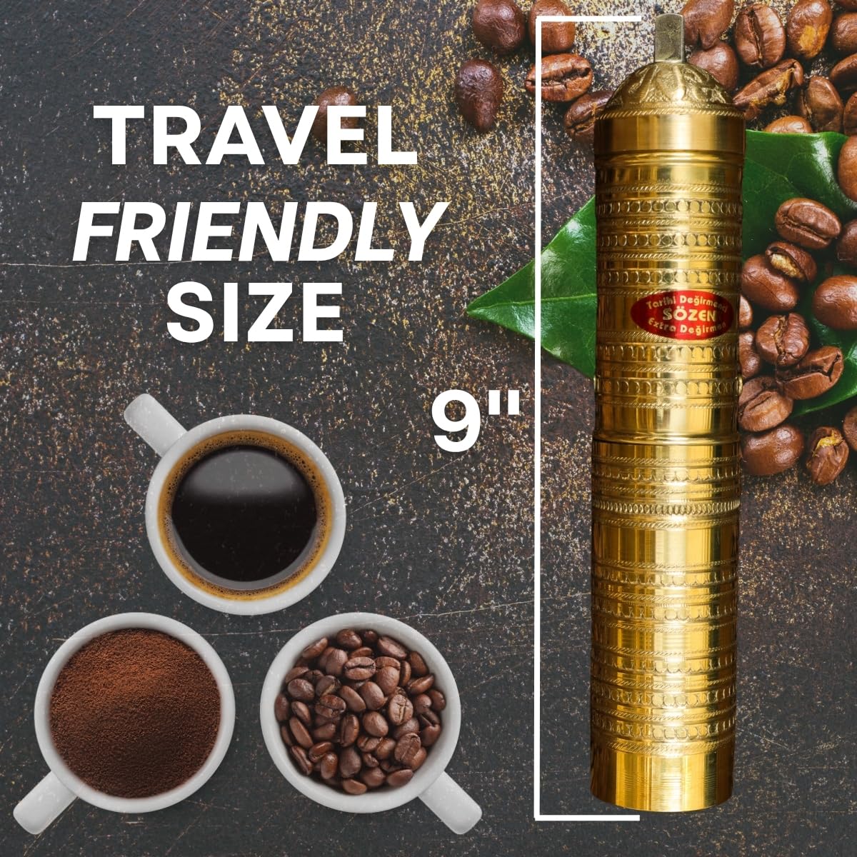 Sozen Hammered 9 Manual Coffee Grinder Brass Hand Crank Burr Mill for Turkish Coffee French Press Espresso Camping & Home Use Portable Coffee Bean Grinder Adjustable Conical Grinder product thumbnail 5